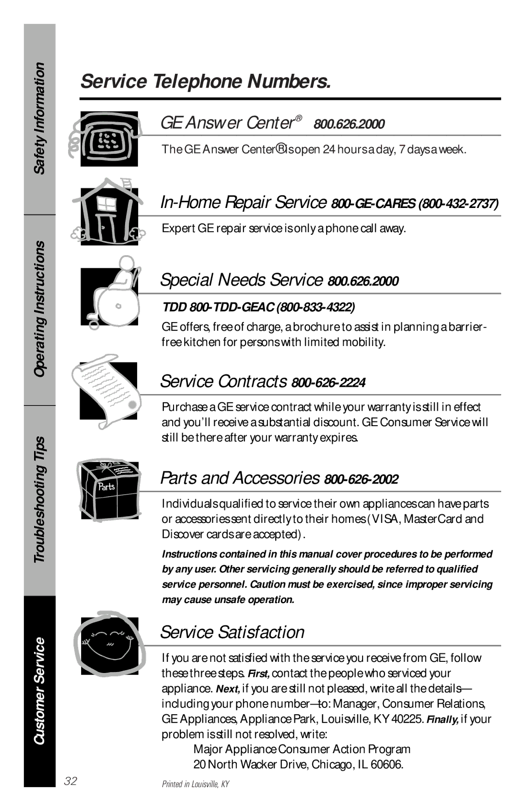 GE GSD3410, GSD3920, GSD3830, GSD3610 Service Telephone Numbers, In-Home Repair Service 800-GE-CARES, TDD 800-TDD-GEAC 