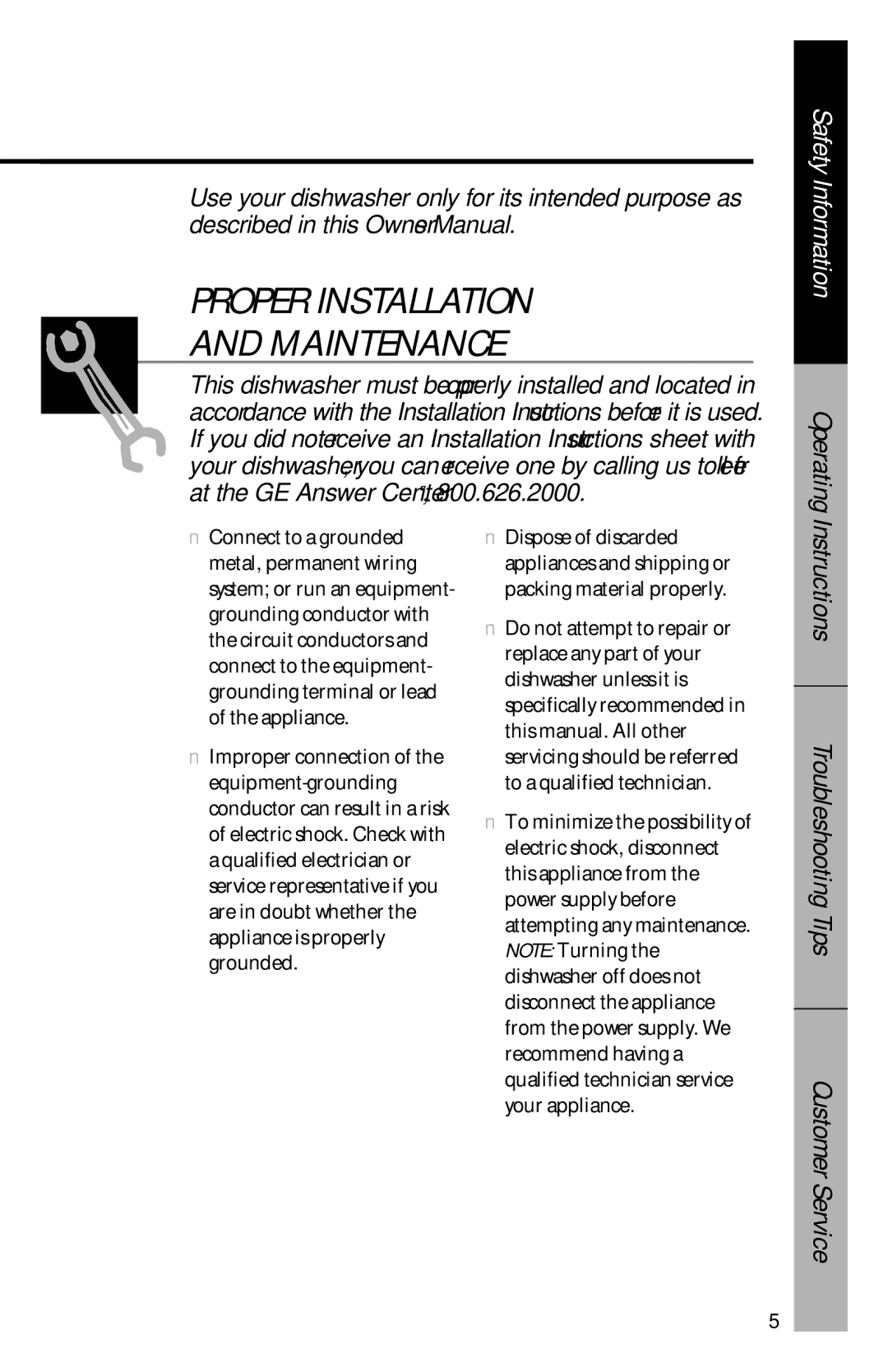 GE GSD3820, GSD3920, GSD3830, GSD3410, GSD3610, GSD3810, GSD3430, GSD3930, GSD3910, GSD3630 Proper Installation Maintenance 