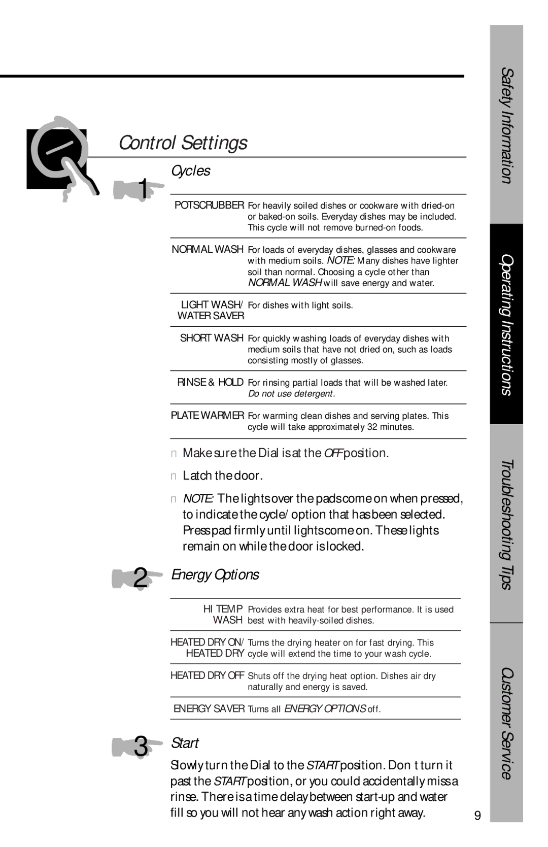 GE GSD3630, GSD3920, GSD3830, GSD3410, GSD3610, GSD3810, GSD3820, GSD3430 Control Settings, Cycles, Energy Options, Start 