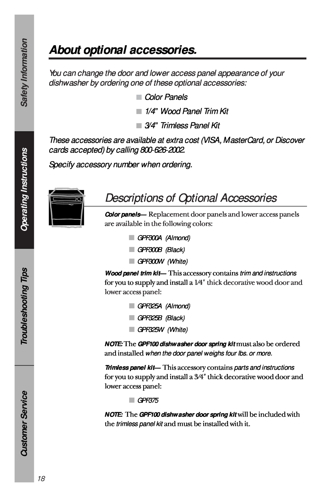 GE GSD3610 About optional accessories, Descriptions of Optional Accessories, Specify accessory number when ordering 