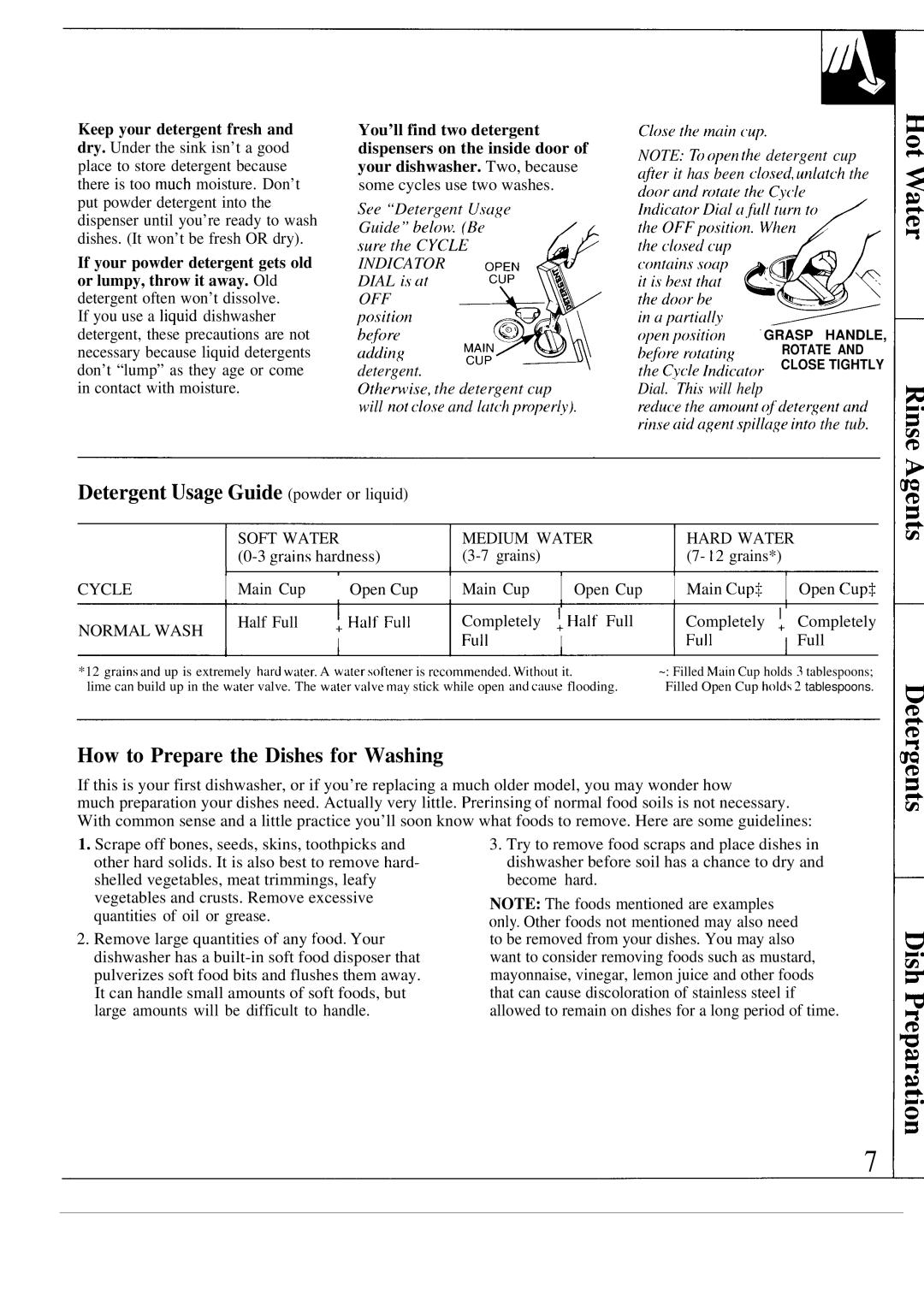 GE GSD400T warranty Detergent Usage Guide powder or liquid, How to Prepare the Dishes for Washing 