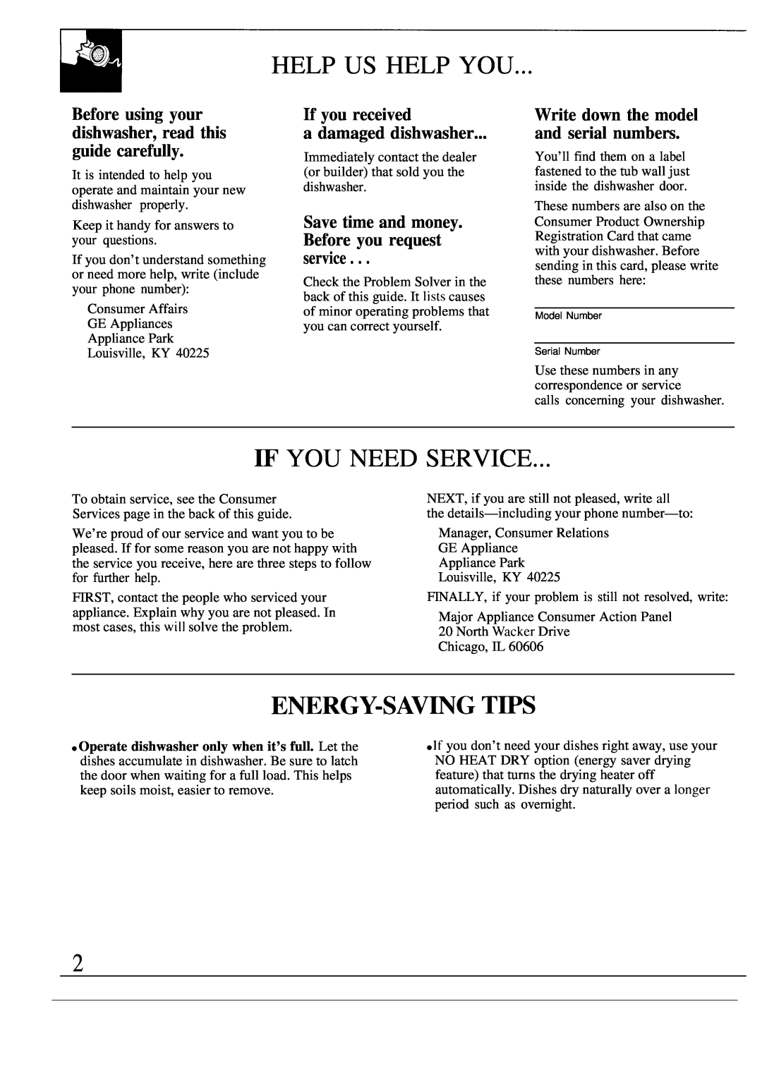 GE GSD400T Help Us Help You, W You Need Service, Energy-Sav~G T~S, Before using your dishwasher, read this guide carefully 