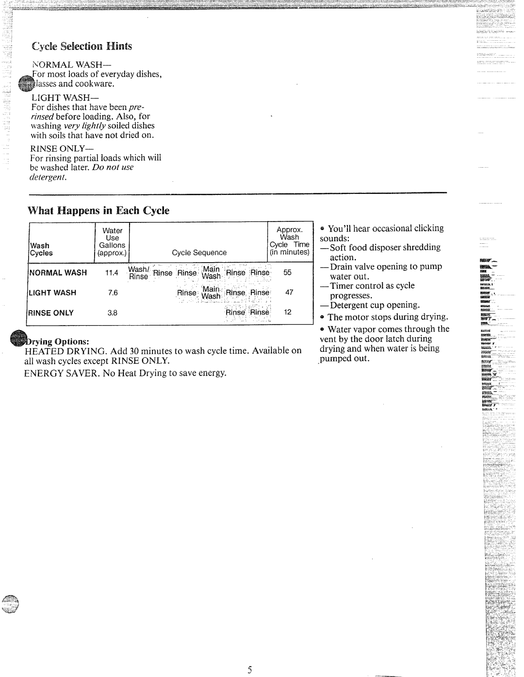 GE GSD400Y-04 manual Cycle selection Hints, ’M Happens inEach cycle, Xormalwash, Rinse only 