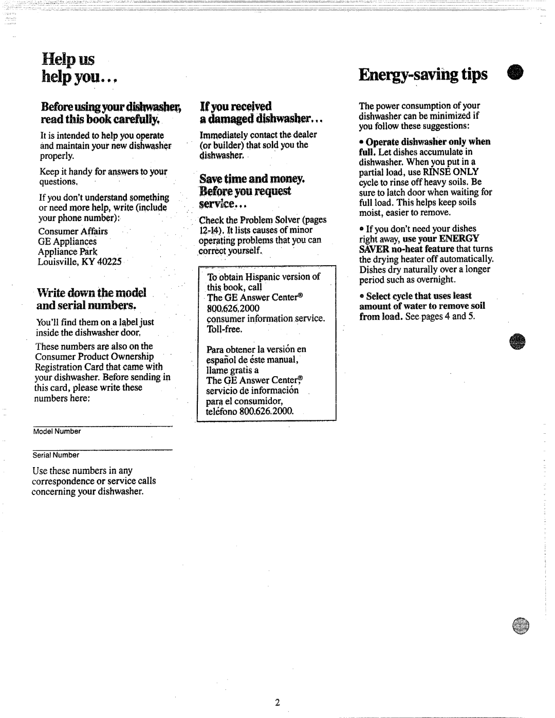 GE GSD400Y, 165 D3080P027 warranty Write down the n’lldd, wxidnumbers 