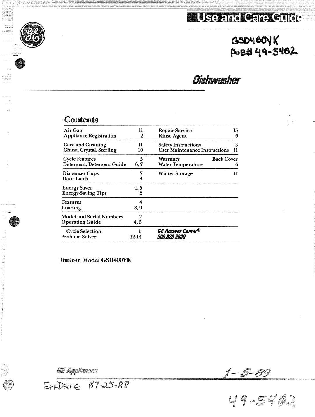 GE 165D3080P049, GSD400YK warranty Contents 