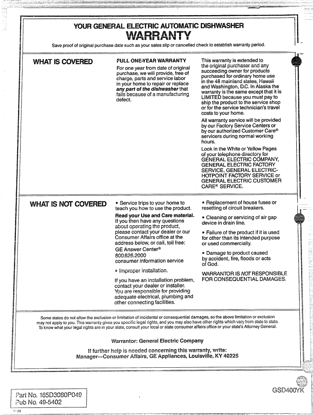 GE GSD400YK warranty YOURGENERALELEmRlc Automaticdishwasher, Par-tNo.165D3080P049 