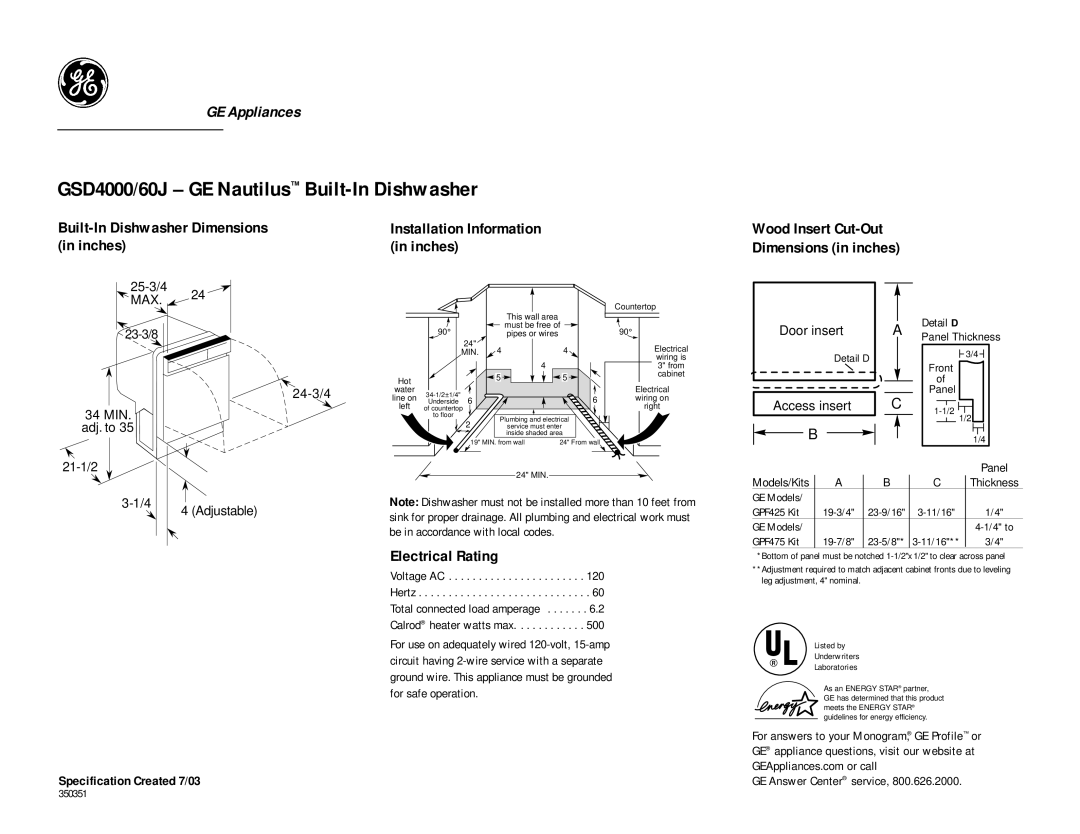 GE GSD4000J, GSD4060J dimensions Built-In Dishwasher Dimensions, Inches, Electrical Rating 