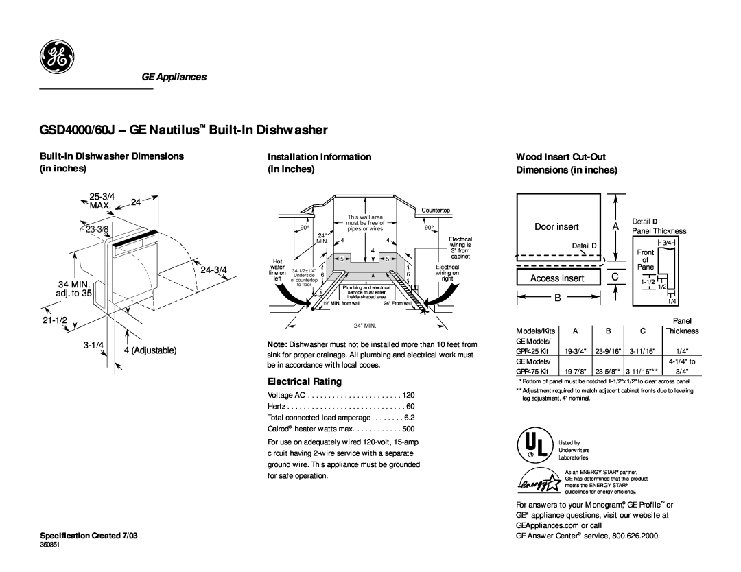 GE GSD4000J dimensions GSD4000/60J - GE Nautilus Built-InDishwasher, GE Appliances, Built-InDishwasher Dimensions, 23-3/8 