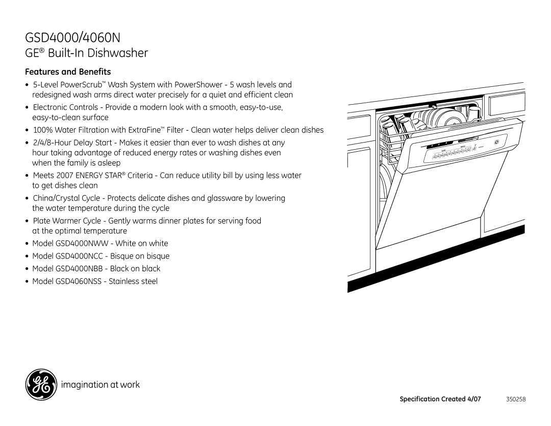 GE GSD4060N dimensions Features and Benefits 