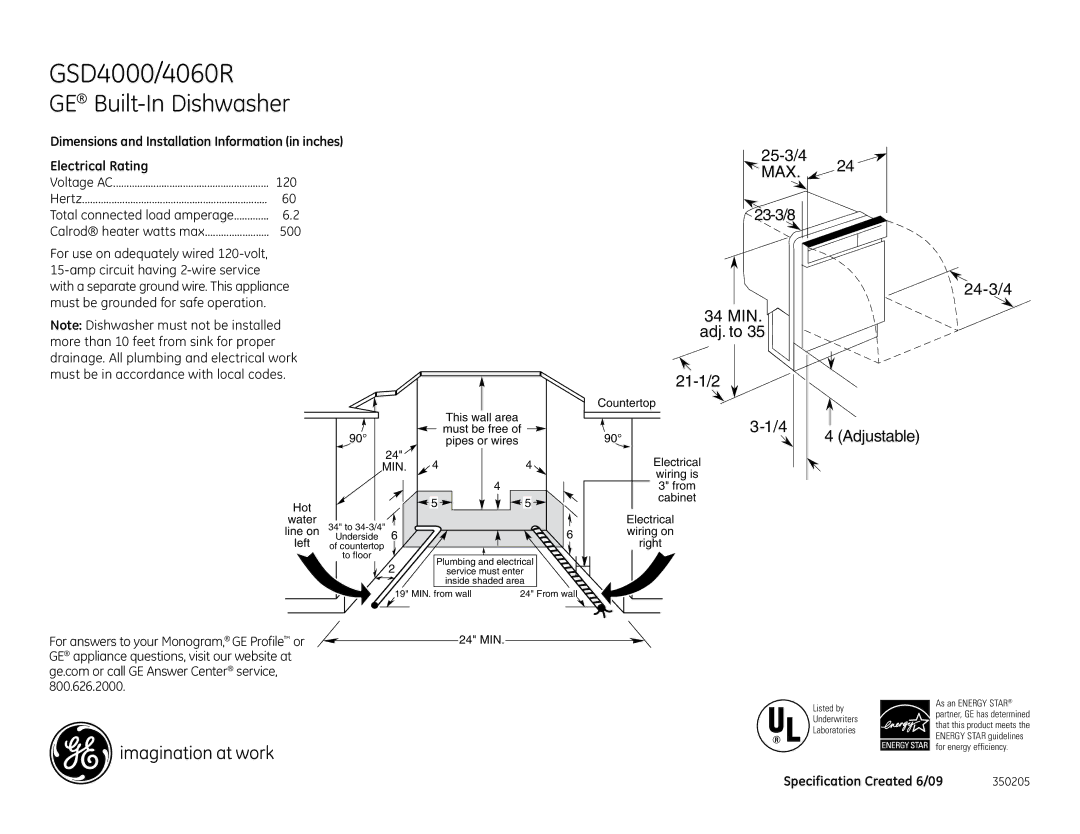 GE GSD4060RSS, GSD4000RBB, GSD4000NWW, GSD4000RWW, GSD4000NBB dimensions GSD4000/4060R, GE Built-In Dishwasher, Max 