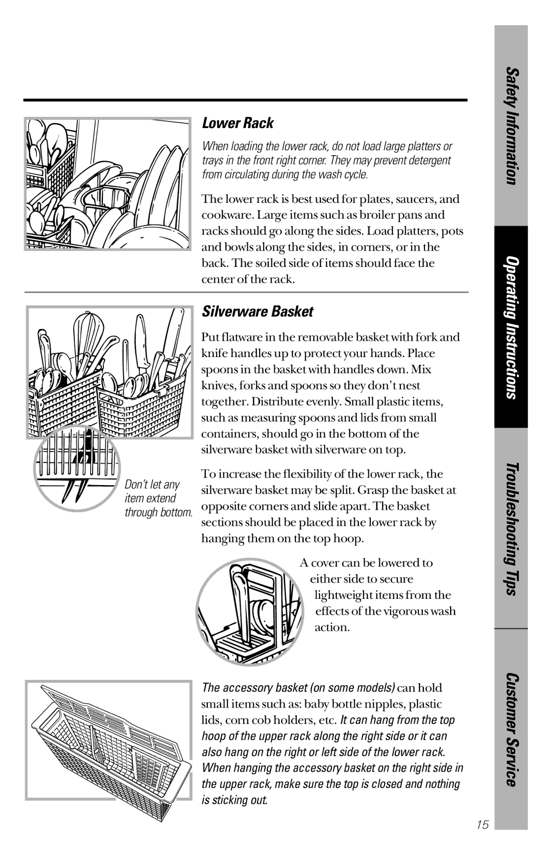 GE GSD4030, GSD4132, GSD4134, GSD4122, GSD4112, GSD4114, GSD4124, GSD4010, GSD4020 owner manual Lower Rack, Silverware Basket 