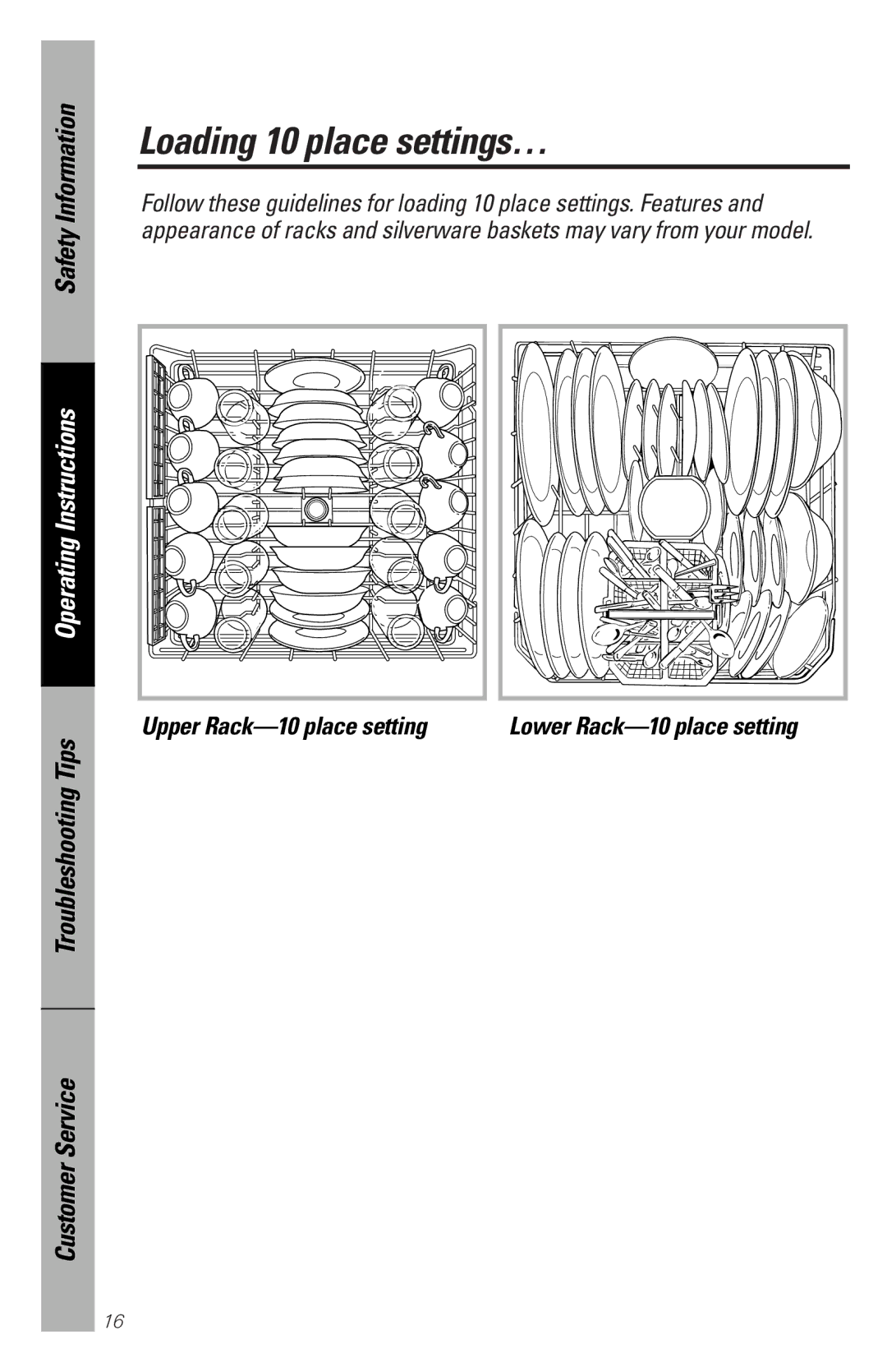 GE GSD4010, GSD4132, GSD4134, GSD4122 Loading 10 place settings…, Upper Rack-10 place setting, Lower Rack-10 place setting 