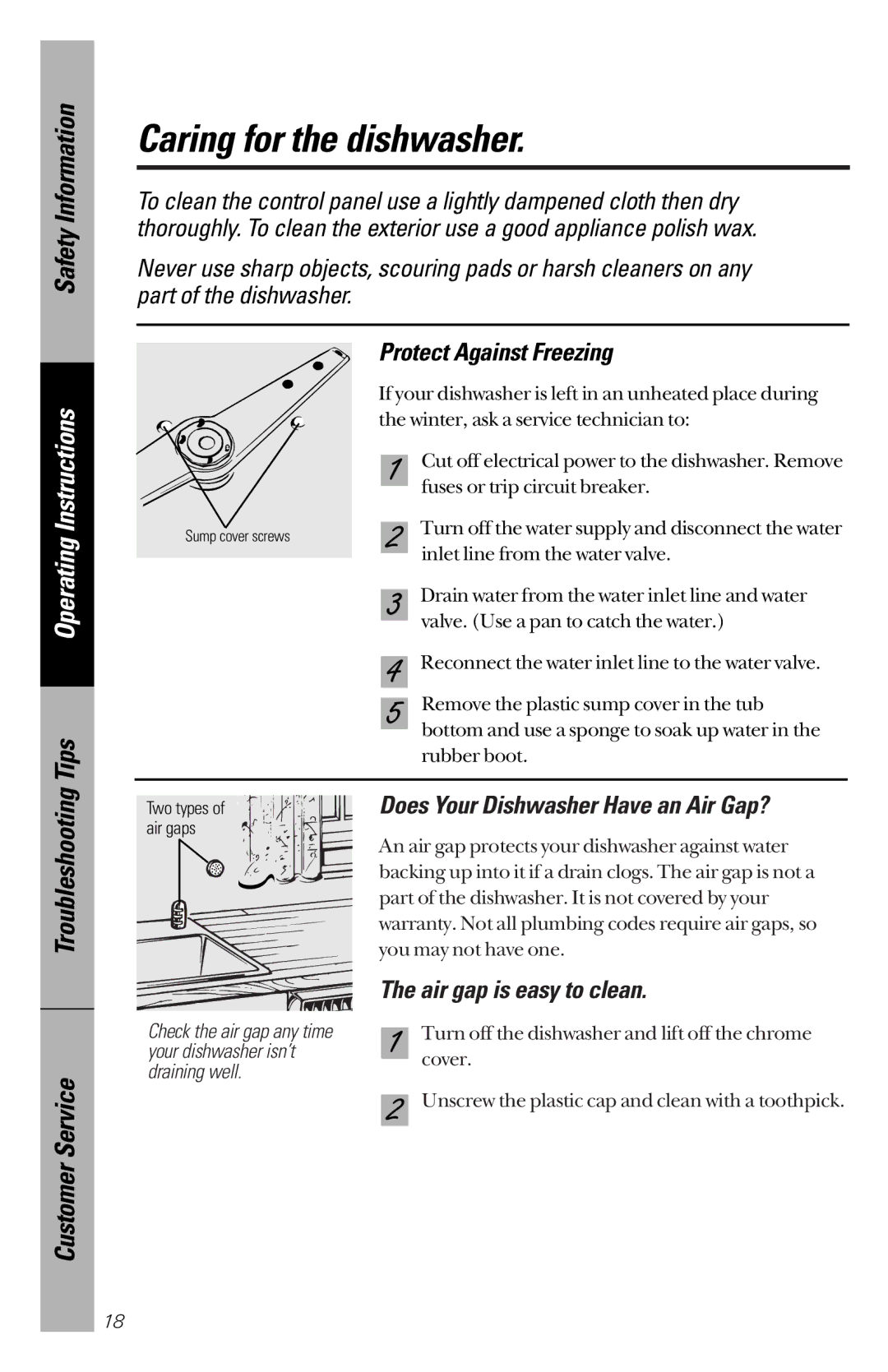 GE GSD4132, GSD4134, GSD4122 Caring for the dishwasher, Protect Against Freezing, Does Your Dishwasher Have an Air Gap? 