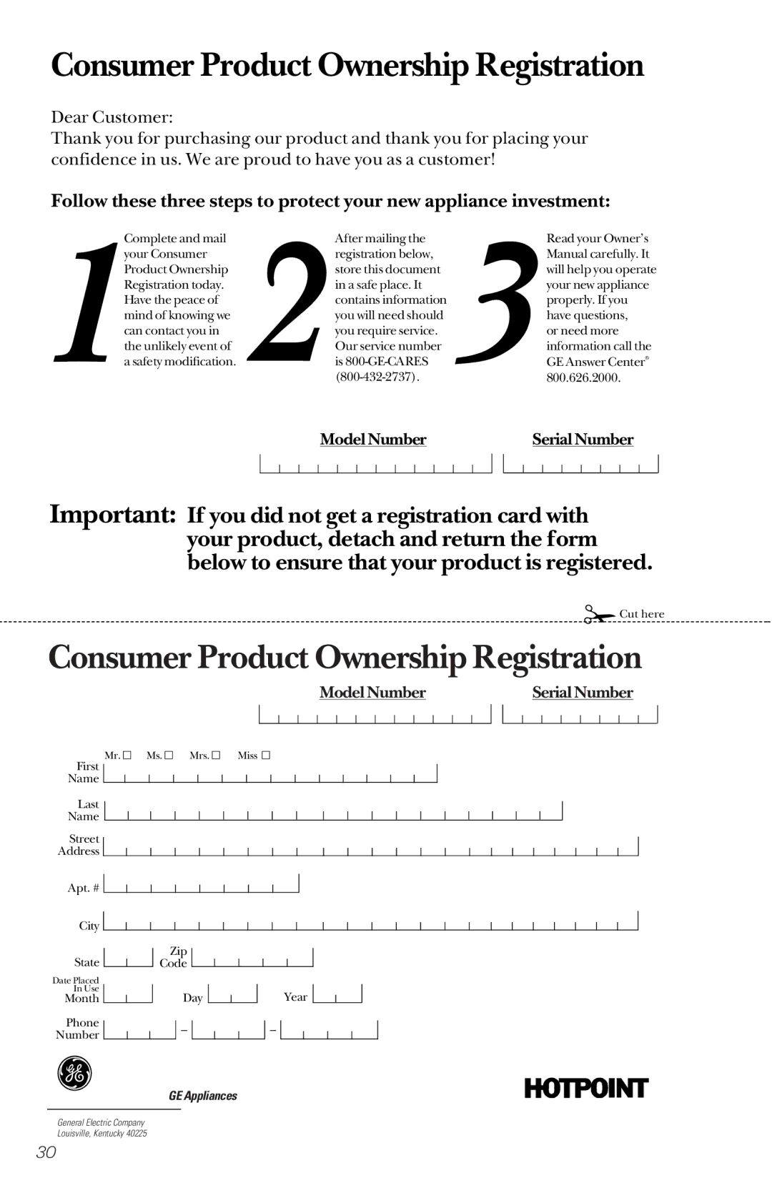 GE GSD4112, GSD4132, GSD4134, GSD4122, GSD4114, GSD4124, GSD4030, GSD4010, GSD4020 Consumer Product Ownership Registration 