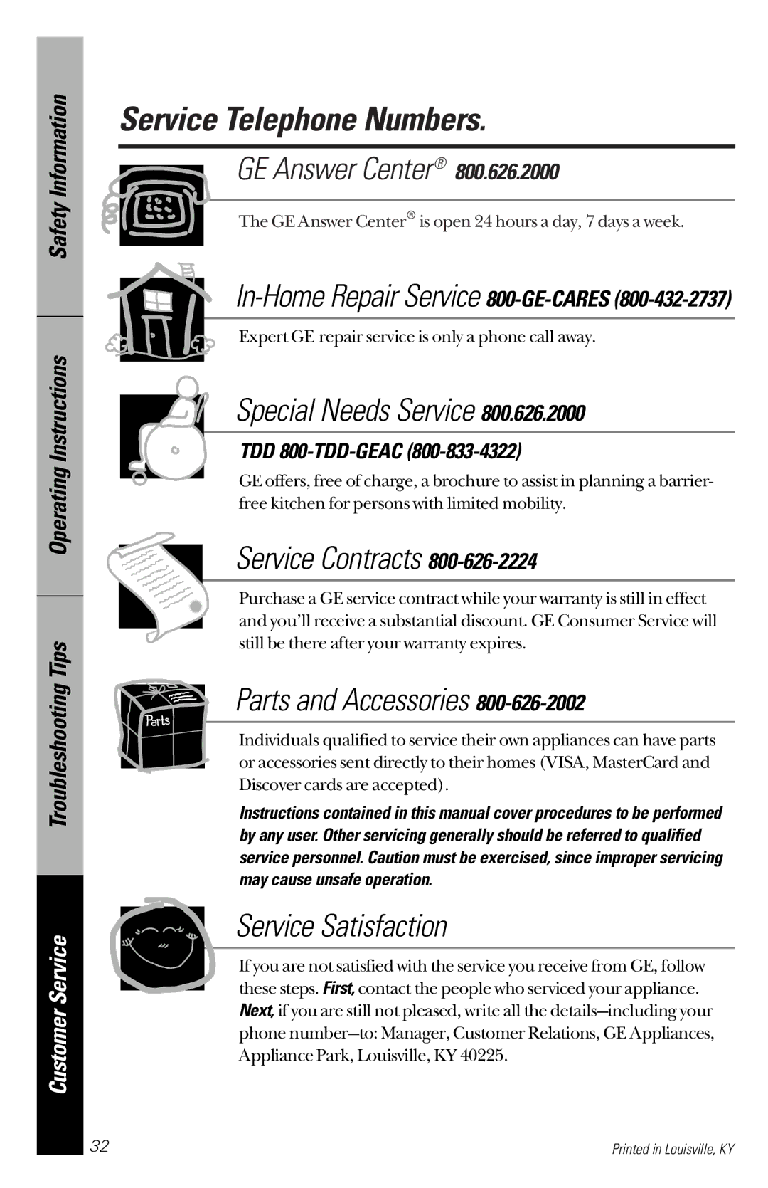 GE GSD4124, GSD4132, GSD4134, GSD4122 Service Telephone Numbers, In-Home Repair Service 800-GE-CARES, TDD 800-TDD-GEAC 