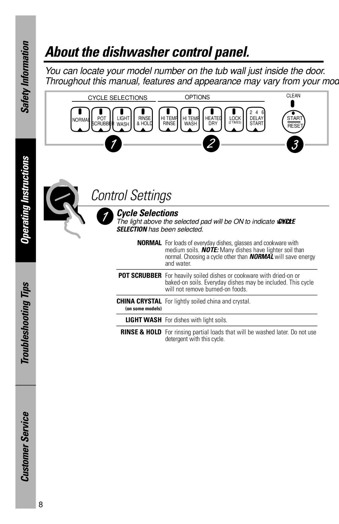 GE GSD4020, GSD4132, GSD4134, GSD4122, GSD4112, GSD4114 About the dishwasher control panel, Control Settings, Cycle Selections 