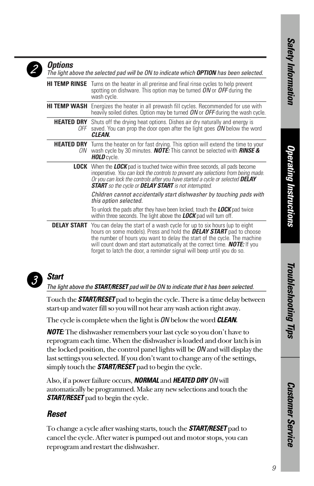 GE GSD4132, GSD4134, GSD4122, GSD4112, GSD4114, GSD4124, GSD4030, GSD4010, GSD4020 owner manual Options, Start, Reset 