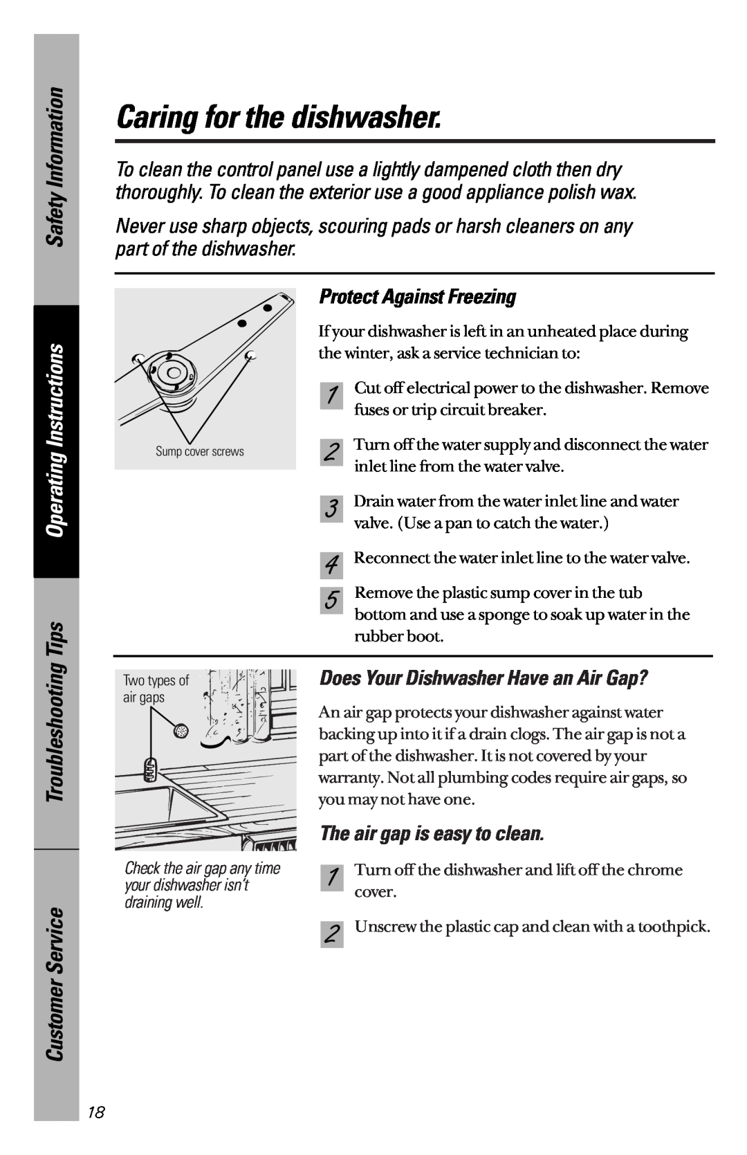GE GSD4132, GSD4134 Caring for the dishwasher, Tips, Protect Against Freezing, Does Your Dishwasher Have an Air Gap? 