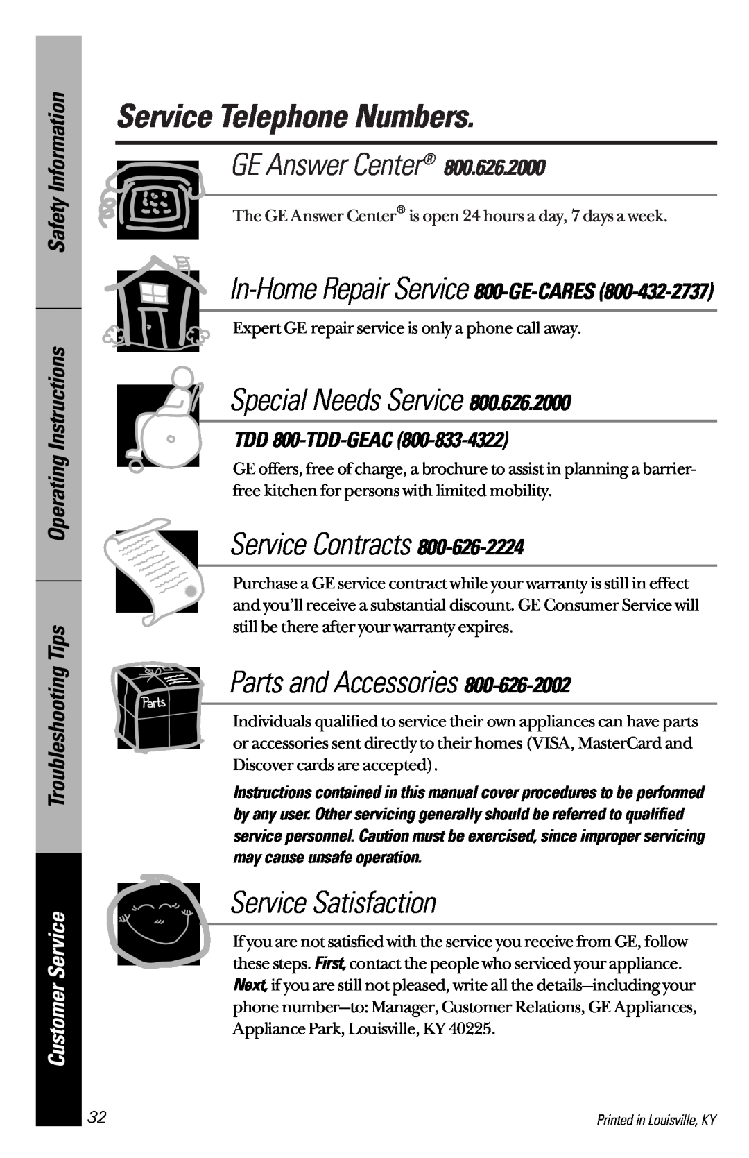 GE GSD4124, GSD4132 Service Telephone Numbers, Customer Service, In-Home Repair Service 800-GE-CARES, TDD 800-TDD-GEAC 