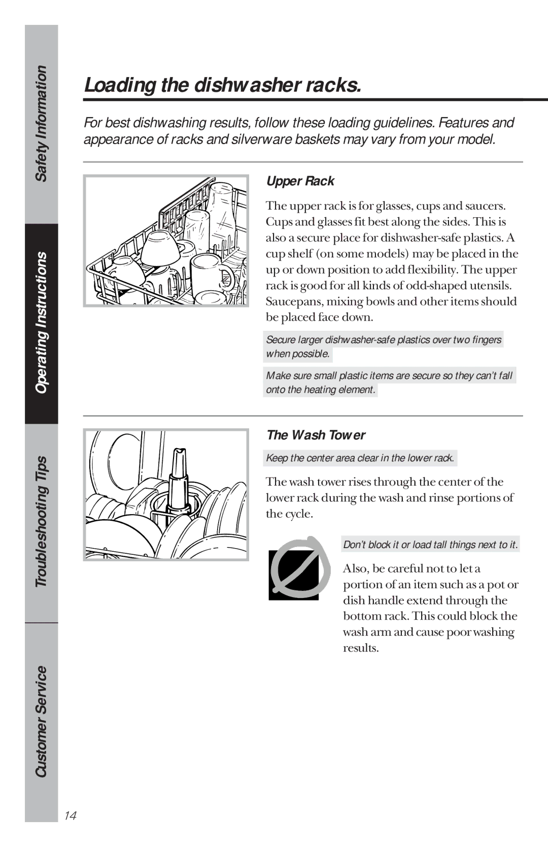 GE GSD4210 owner manual Loading the dishwasher racks, Upper Rack, Wash Tower 