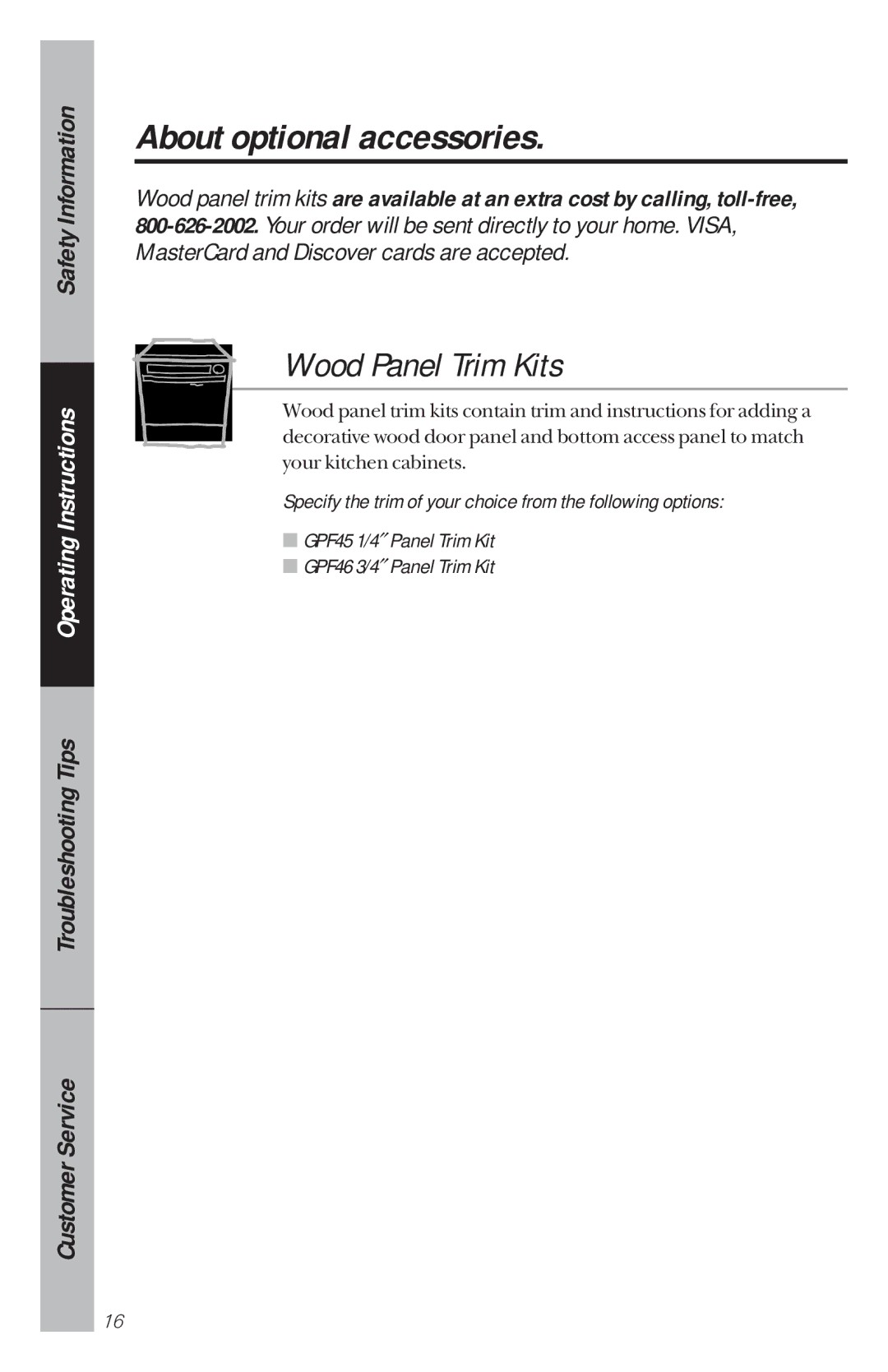 GE GSD4210 owner manual About optional accessories, Wood Panel Trim Kits 