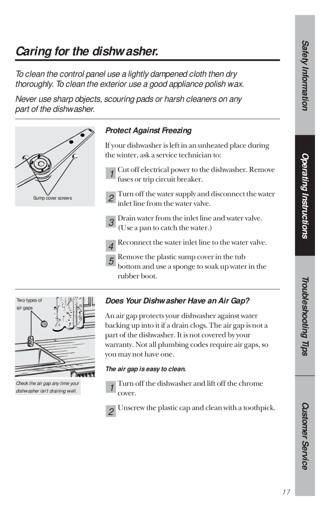 GE GSD4210 owner manual Caring for the dishwasher, Protect Against Freezing, Does Your Dishwasher Have an Air Gap? 