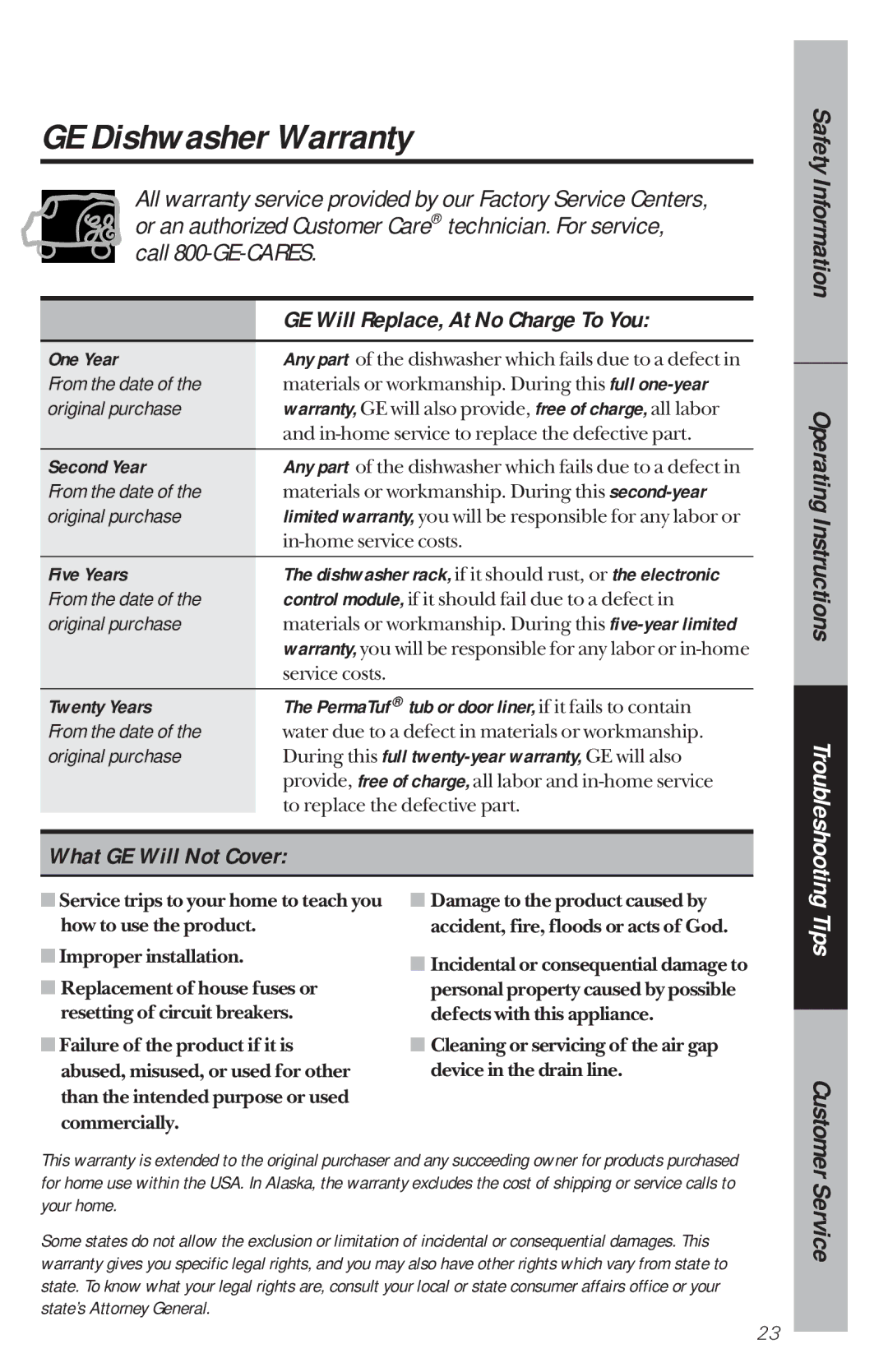 GE GSD4210 owner manual GE Dishwasher Warranty, GE Will Replace, At No Charge To You, What GE Will Not Cover 