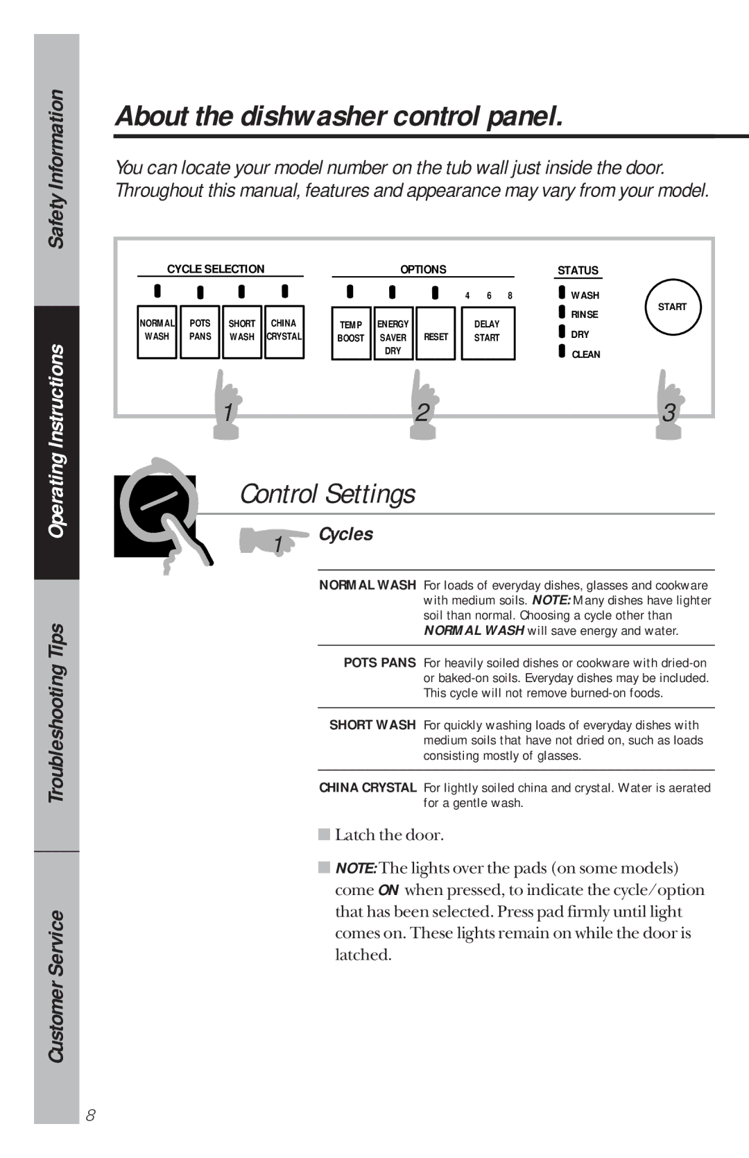 GE GSD4210 owner manual About the dishwasher control panel, Control Settings, Cycles 