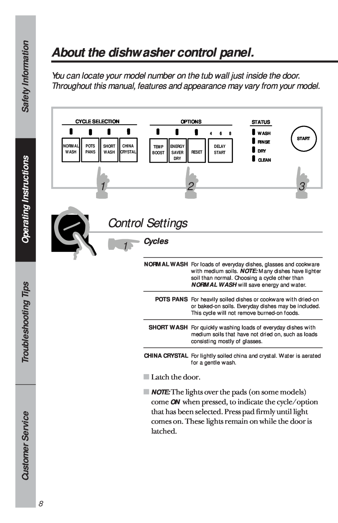 GE GSD4210 About the dishwasher control panel, Control Settings, Safety Information, Operating Instructions, Cycles, Wash 