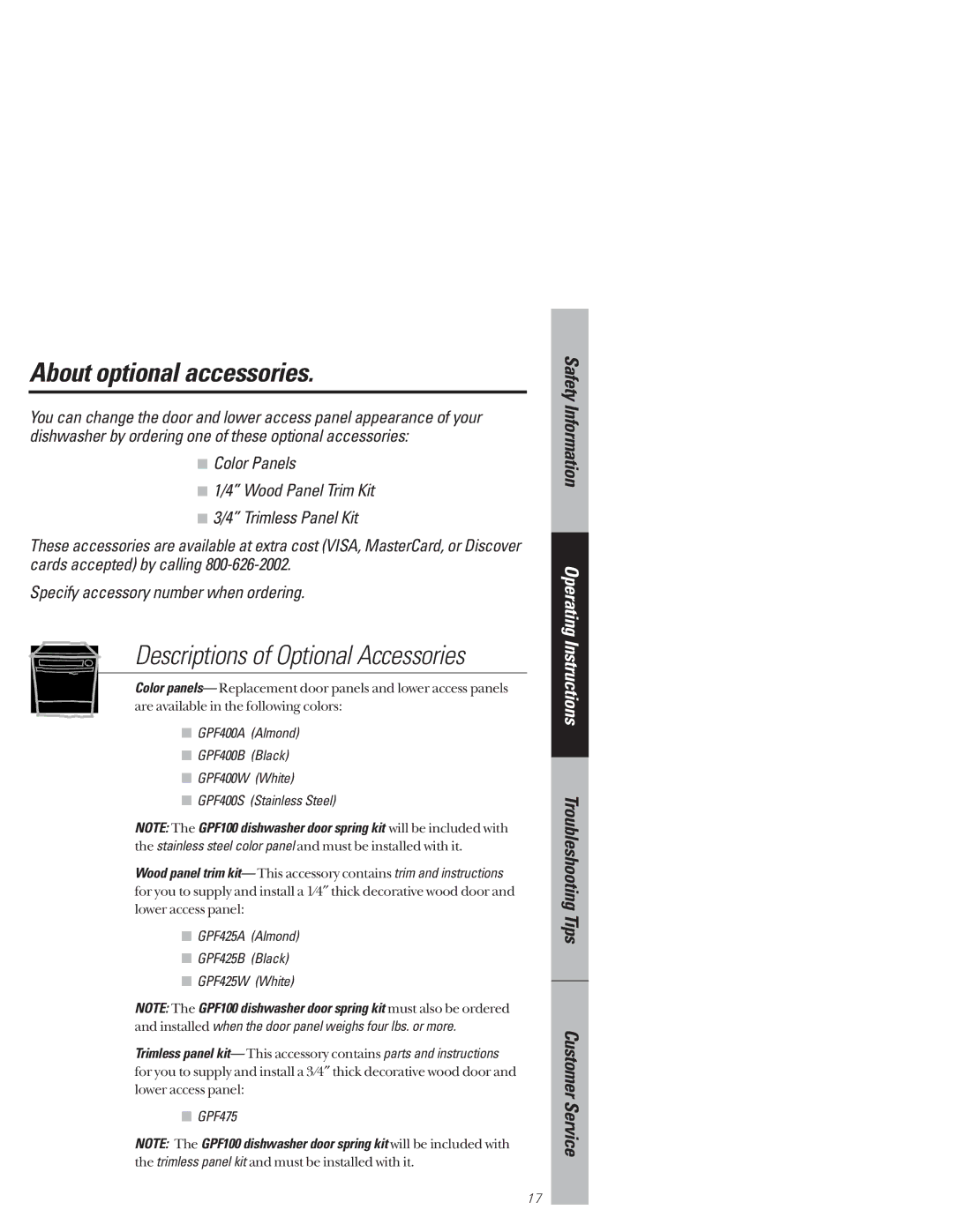 GE GSD4335, GSD4320, GSD4310, GSD4315 About optional accessories, Color Panels Wood Panel Trim Kit Trimless Panel Kit 