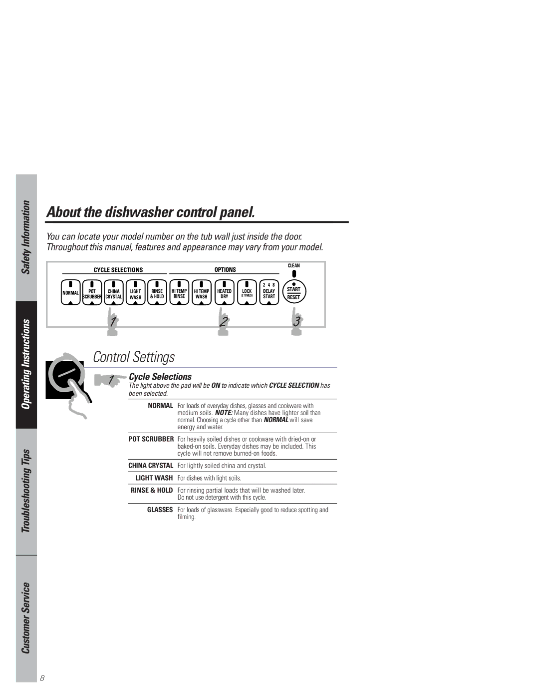 GE GSD4320, GSD4335, GSD4310, GSD4315, GSD4325, GSD4330 About the dishwasher control panel, Control Settings, Cycle Selections 