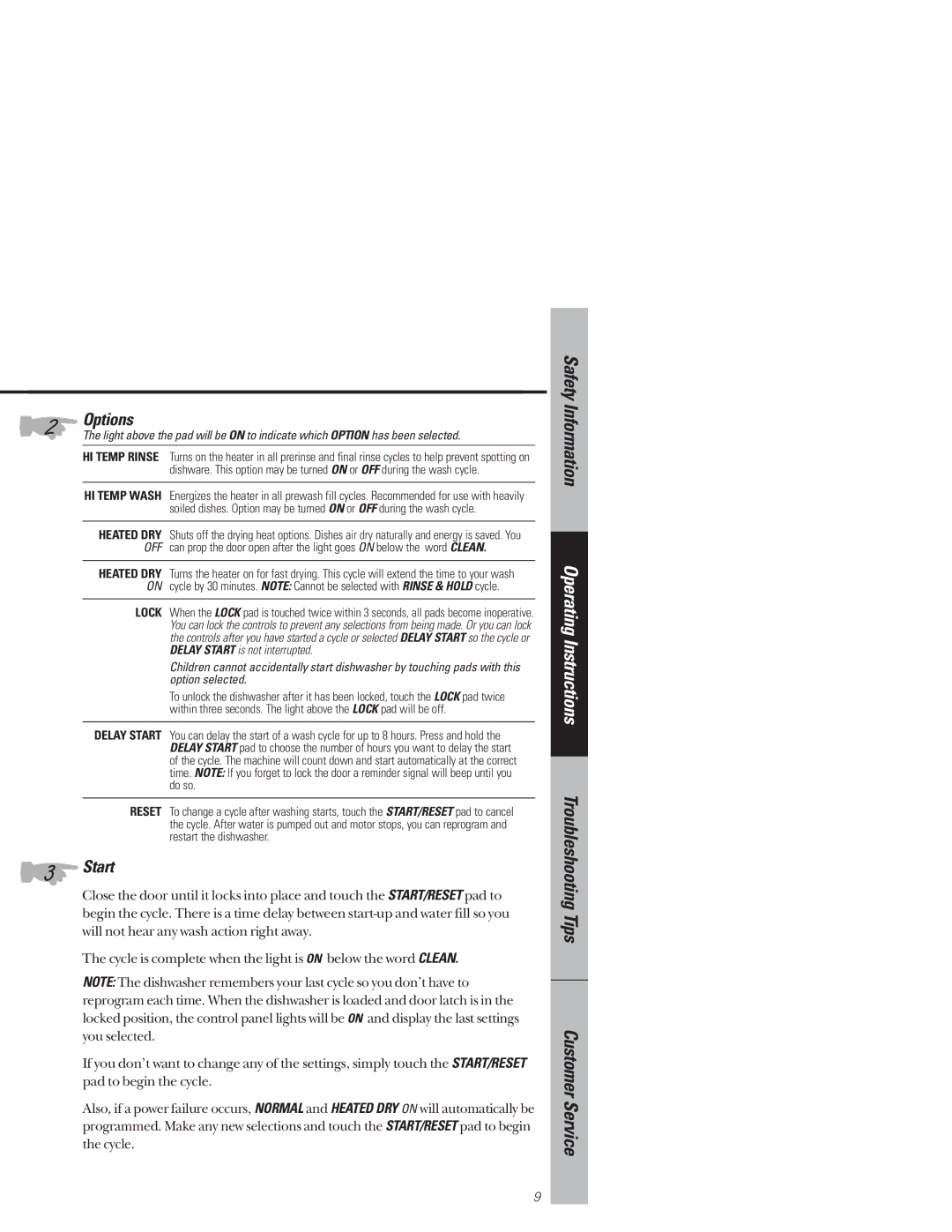 GE GSD4335, GSD4320, GSD4310, GSD4315, GSD4325, GSD4330, 49-5847-1, 165D4700P176 owner manual Options, Start 