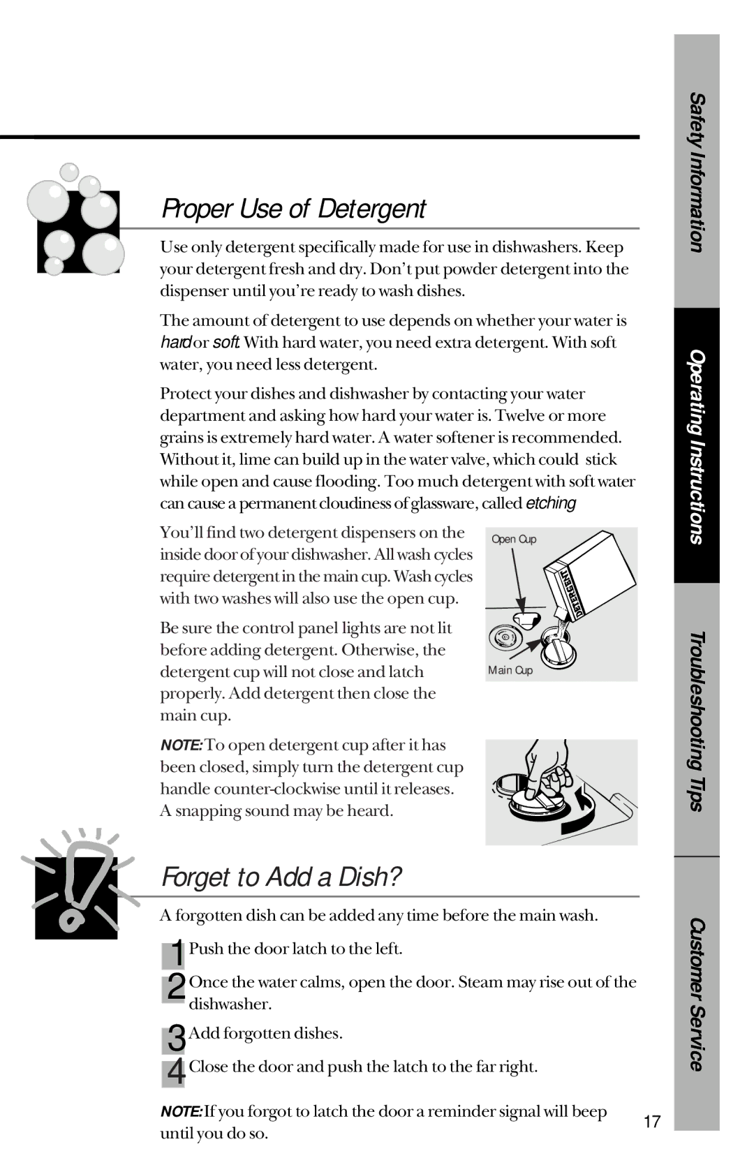 GE GSD4920, GSD4435, GSD4930, GSD4410, GSD4430, GSD4425 Proper Use of Detergent, Forget to Add a Dish?, Customer Service 