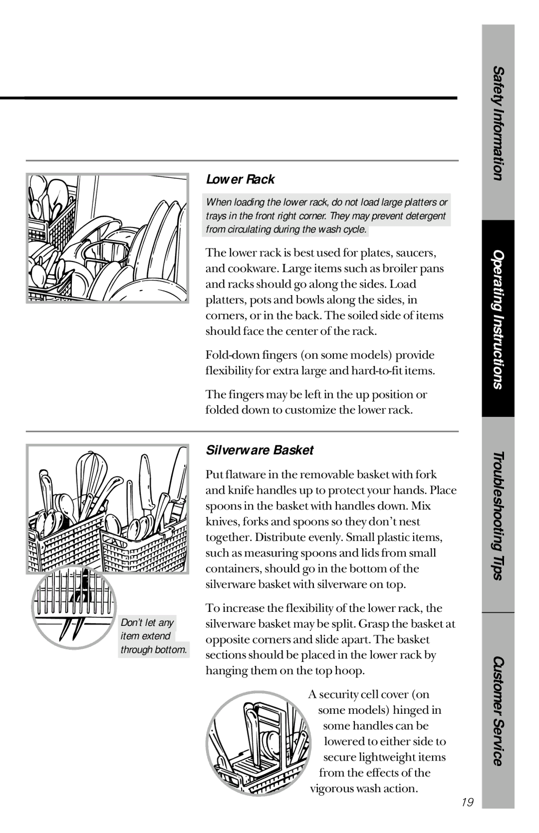 GE GSD4930, GSD4435, GSD4410, GSD4430, GSD4425, GSD4420, GSD4940, GSD4910, GSD4920 owner manual Lower Rack, Silverware Basket 