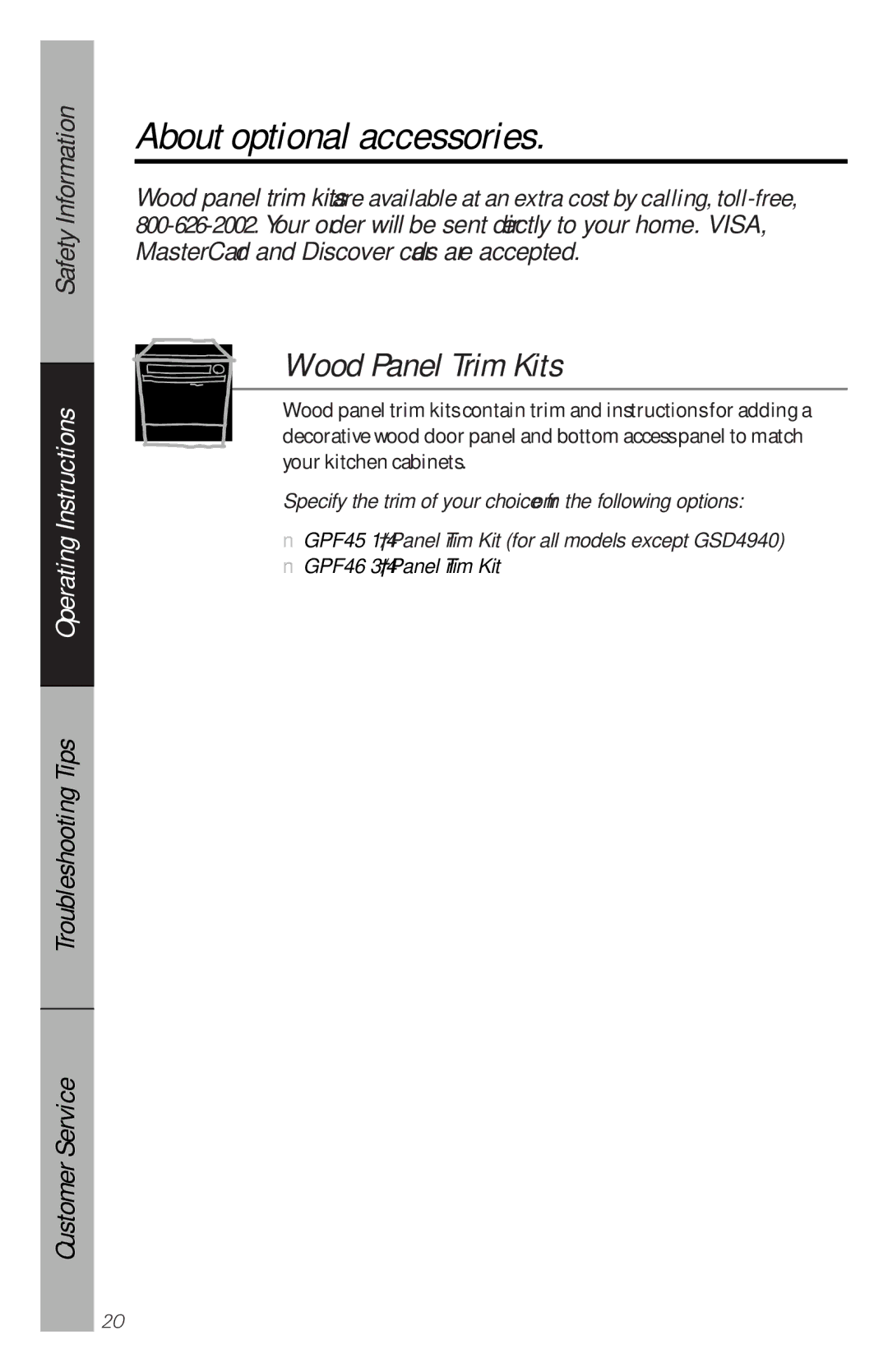 GE GSD4410, GSD4435, GSD4930, GSD4430, GSD4425, GSD4420, GSD4940, GSD4910 About optional accessories, Wood Panel Trim Kits 