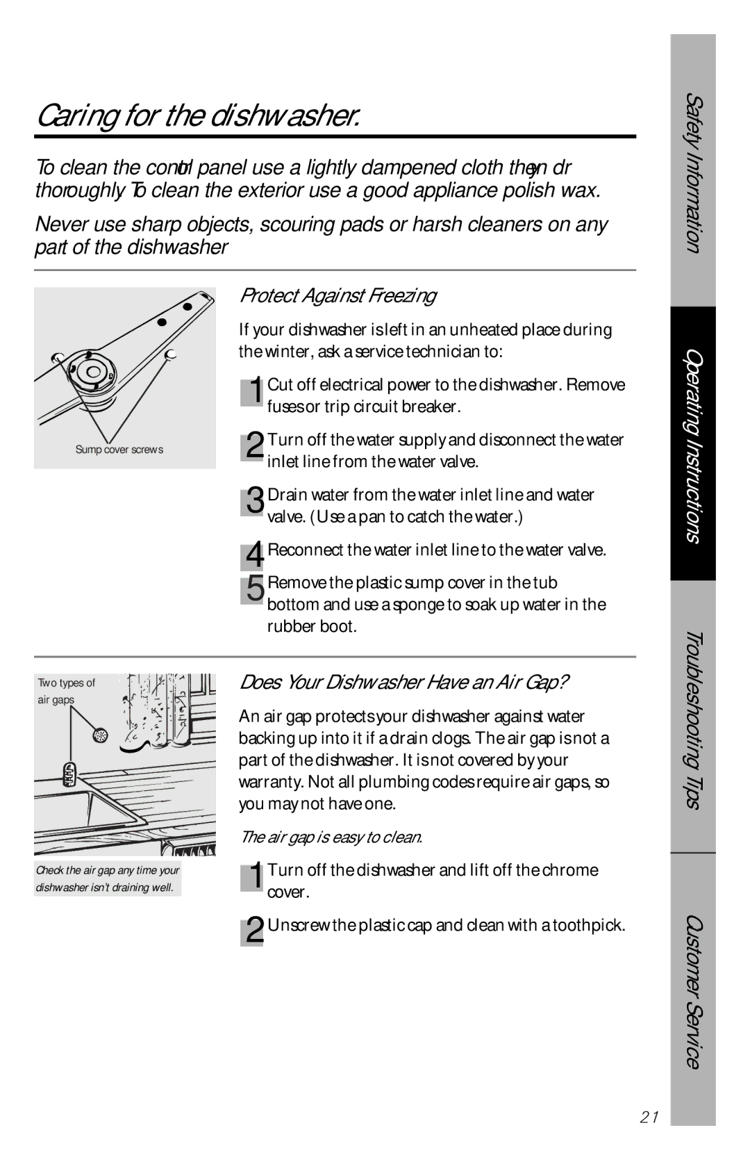 GE GSD4430, GSD4435, GSD4930 Caring for the dishwasher, Protect Against Freezing, Does Your Dishwasher Have an Air Gap? 