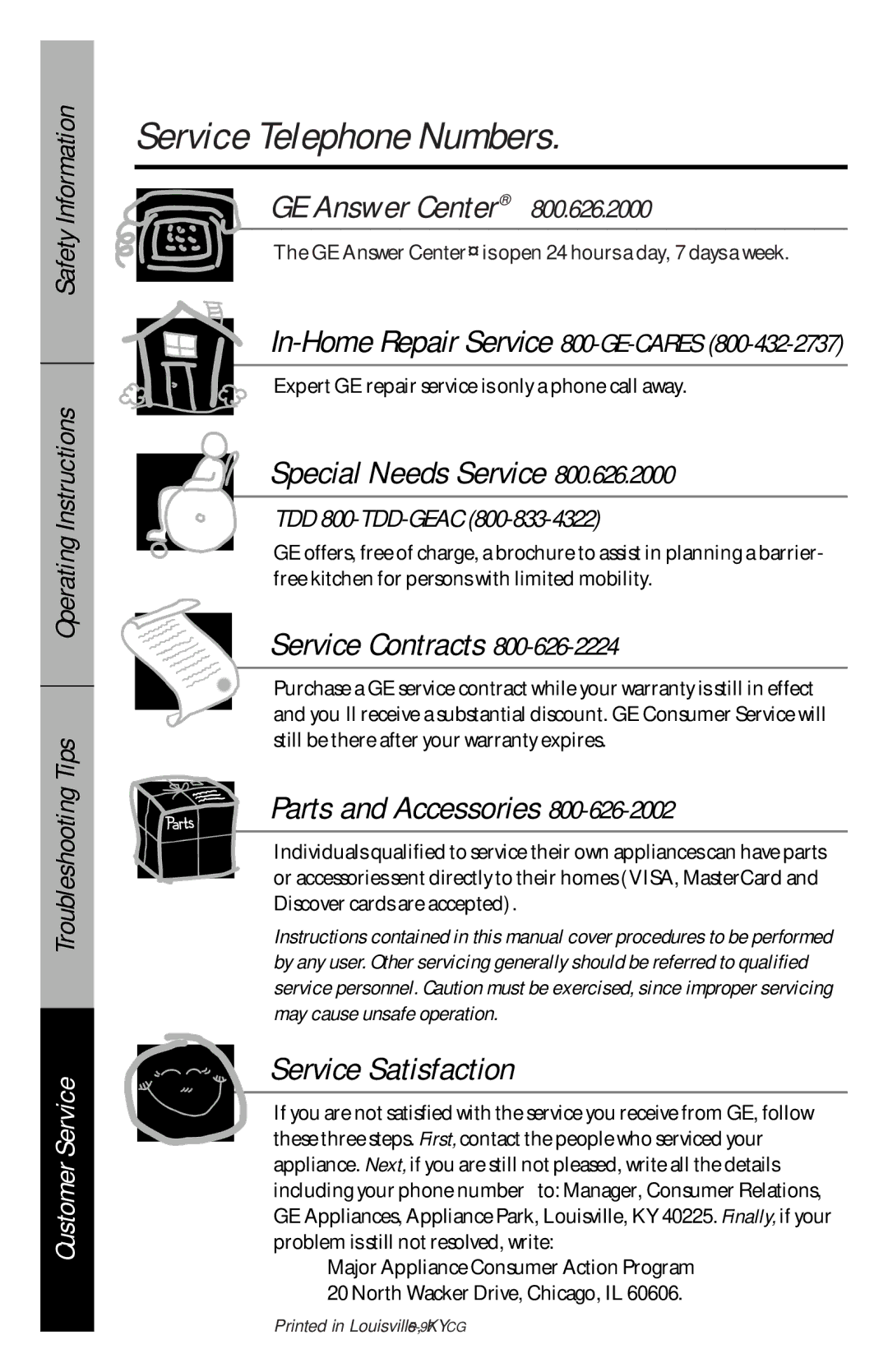 GE GSD4930, GSD4435, GSD4410, GSD4430 Service Telephone Numbers, In-Home Repair Service 800-GE-CARES, TDD 800-TDD-GEAC 