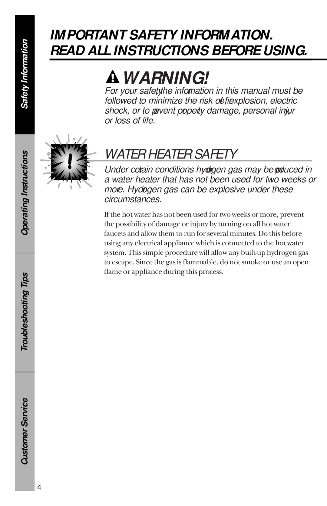 GE GSD4425, GSD4435, GSD4930, GSD4410, GSD4430, GSD4420, GSD4940, GSD4910, GSD4920 owner manual Water Heater Safety 