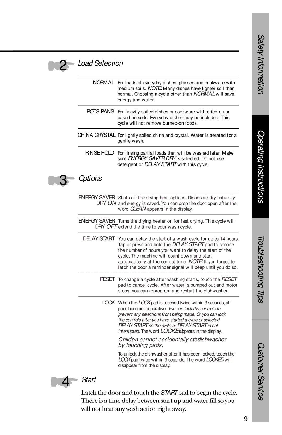 GE GSD4435, GSD4930, GSD4410, GSD4430, GSD4425, GSD4420, GSD4940, GSD4910, GSD4920 owner manual Options, Start, Load Selection 