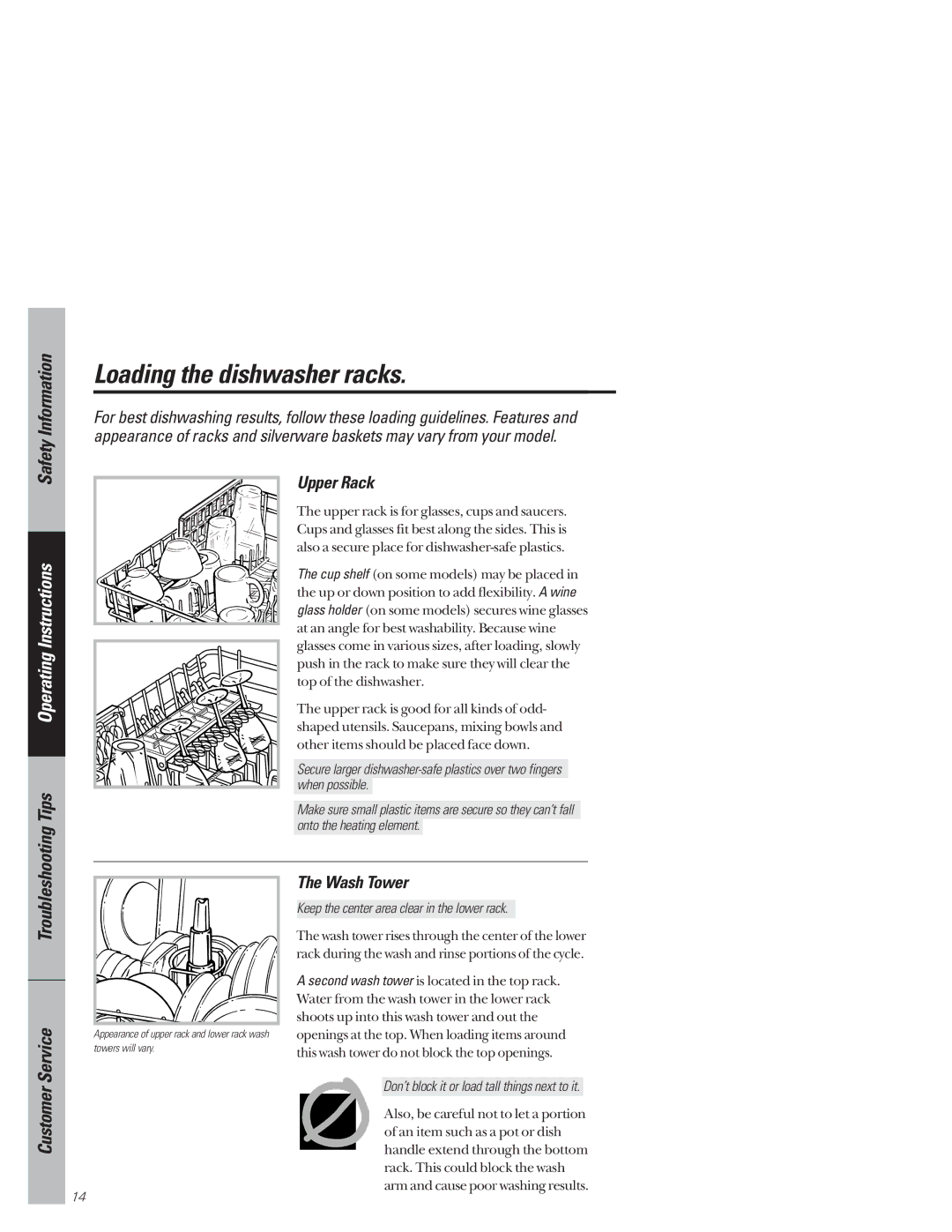 GE GSD4610 owner manual Loading the dishwasher racks, Upper Rack, Wash Tower 