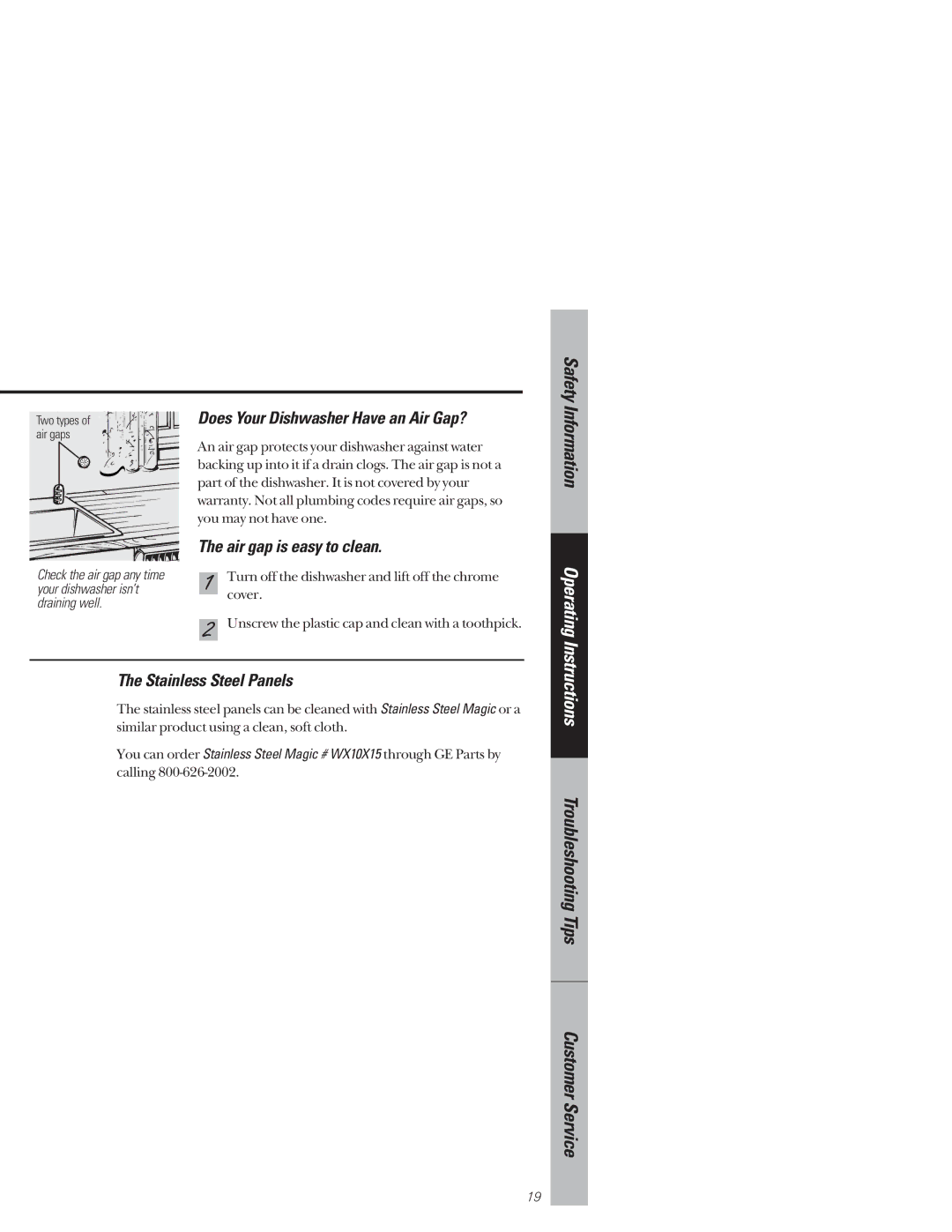 GE GSD4610 owner manual Does Your Dishwasher Have an Air Gap?, Air gap is easy to clean, Stainless Steel Panels 