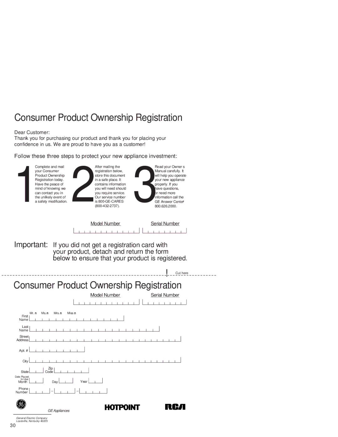 GE GSD4610 owner manual Consumer Product Ownership Registration 