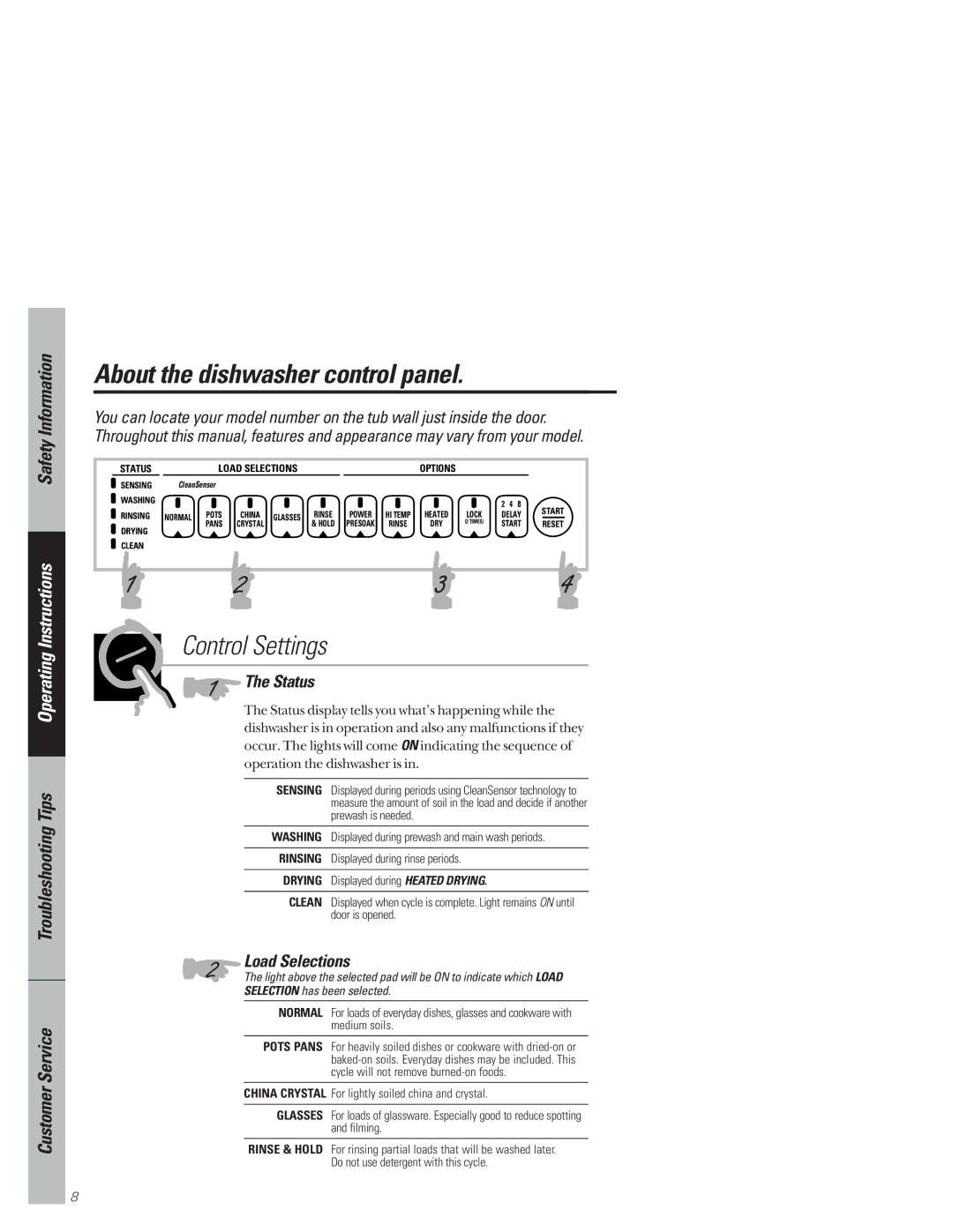 GE GSD4610 owner manual About the dishwasher control panel, Control Settings, Load Selections 