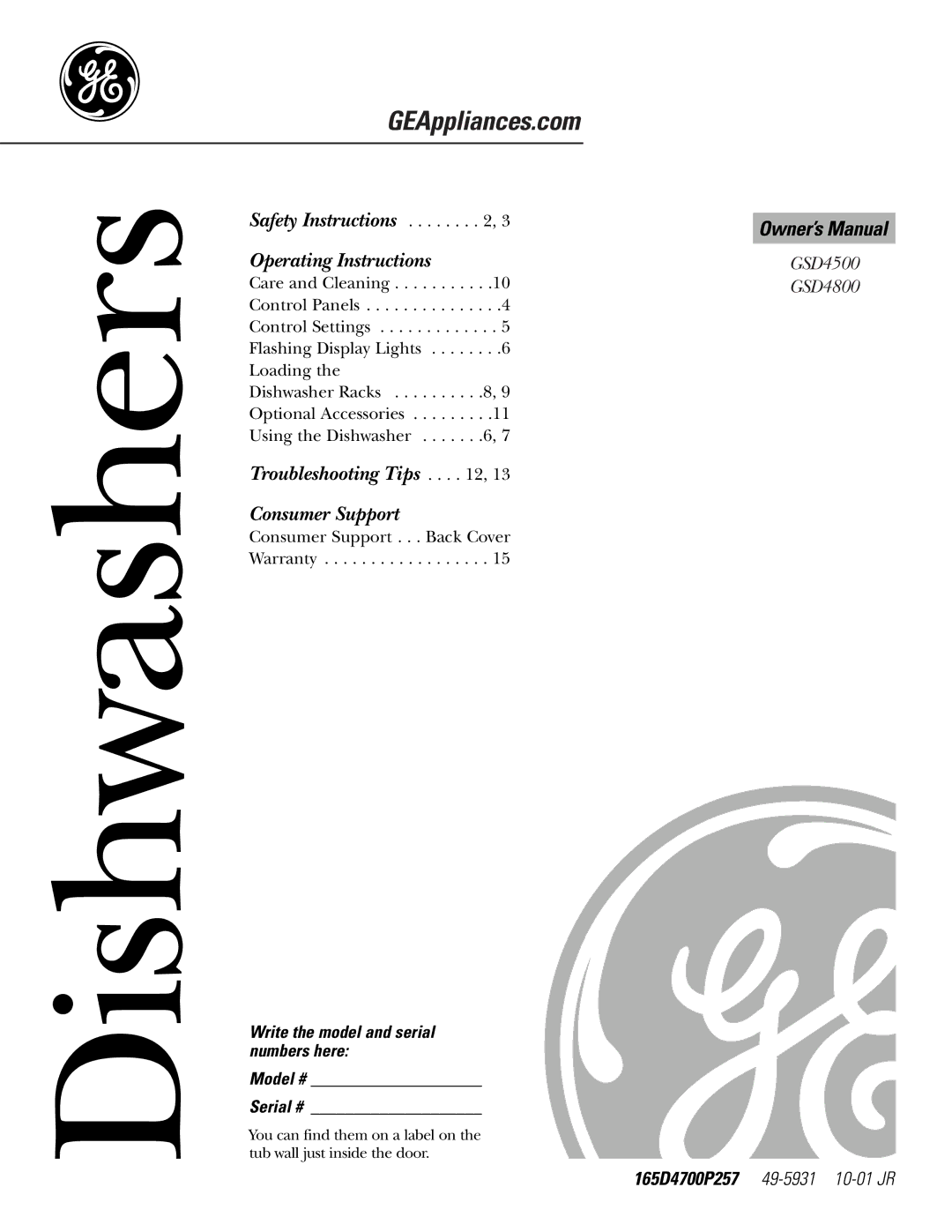 GE GSD4500, GSD4800 owner manual Dishwashers, Write the model and serial numbers here Model # Serial # 