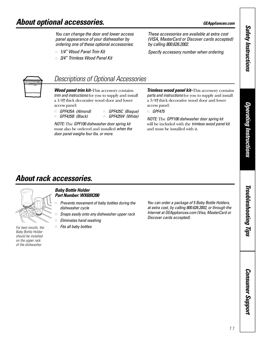 GE GSD4500, GSD4800 owner manual About optional accessories, About rack accessories, Descriptions of Optional Accessories 