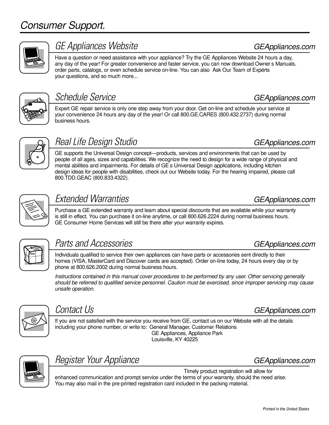 GE GSD4800, GSD4500 Consumer Support GE Appliances Website, Schedule Service, Real Life Design Studio, Extended Warranties 