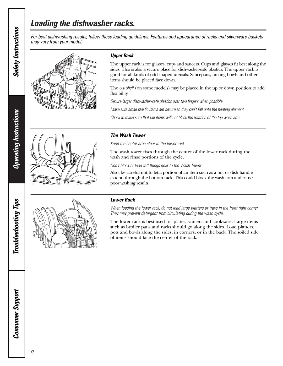 GE GSD4800, GSD4500 owner manual Loading the dishwasher racks, Upper Rack, Wash Tower, Lower Rack 