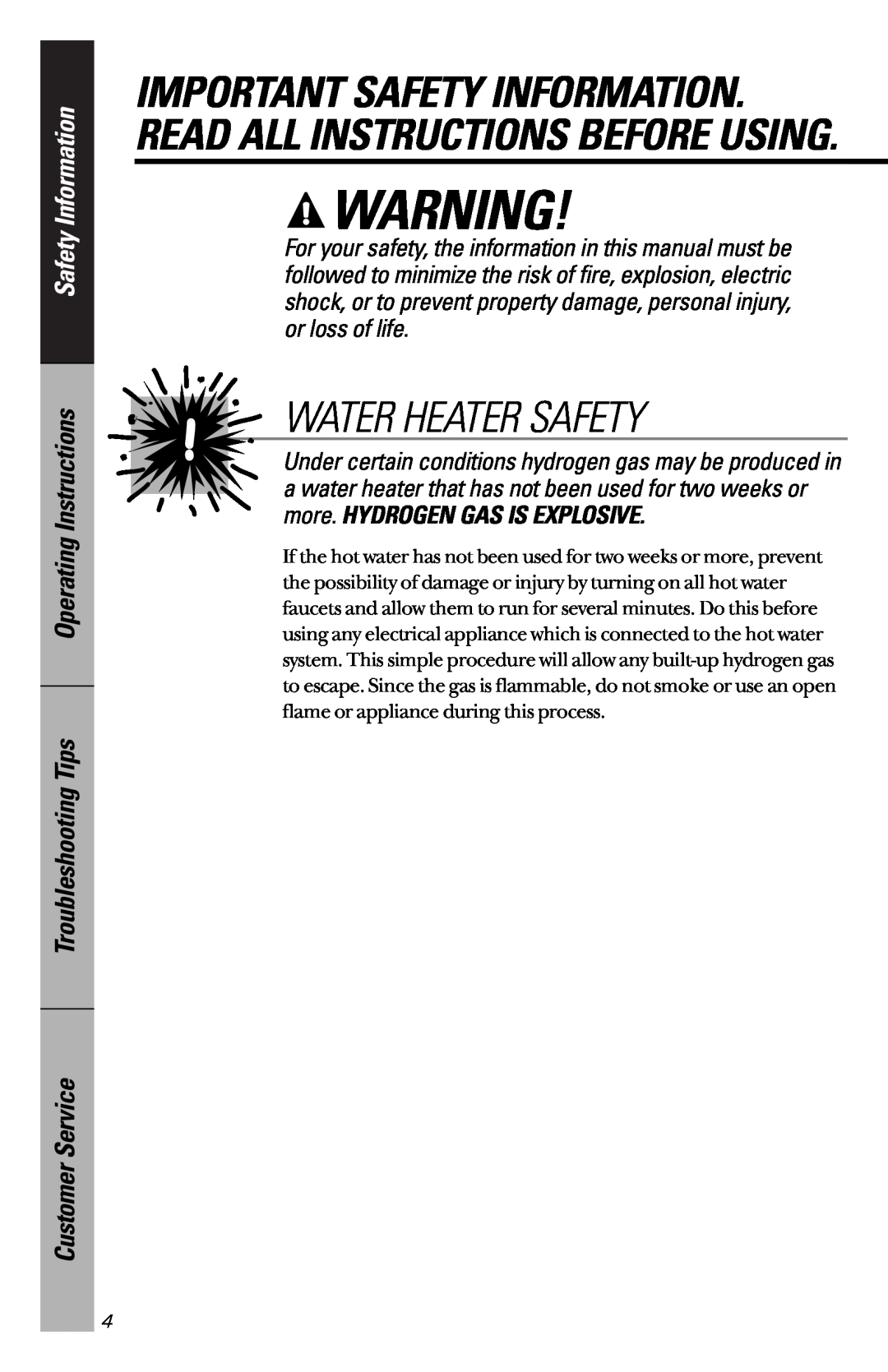 GE GSD5134, GSD5330, GSD5350, GSD5320 Water Heater Safety, Important Safety Information. Read All Instructions Before Using 