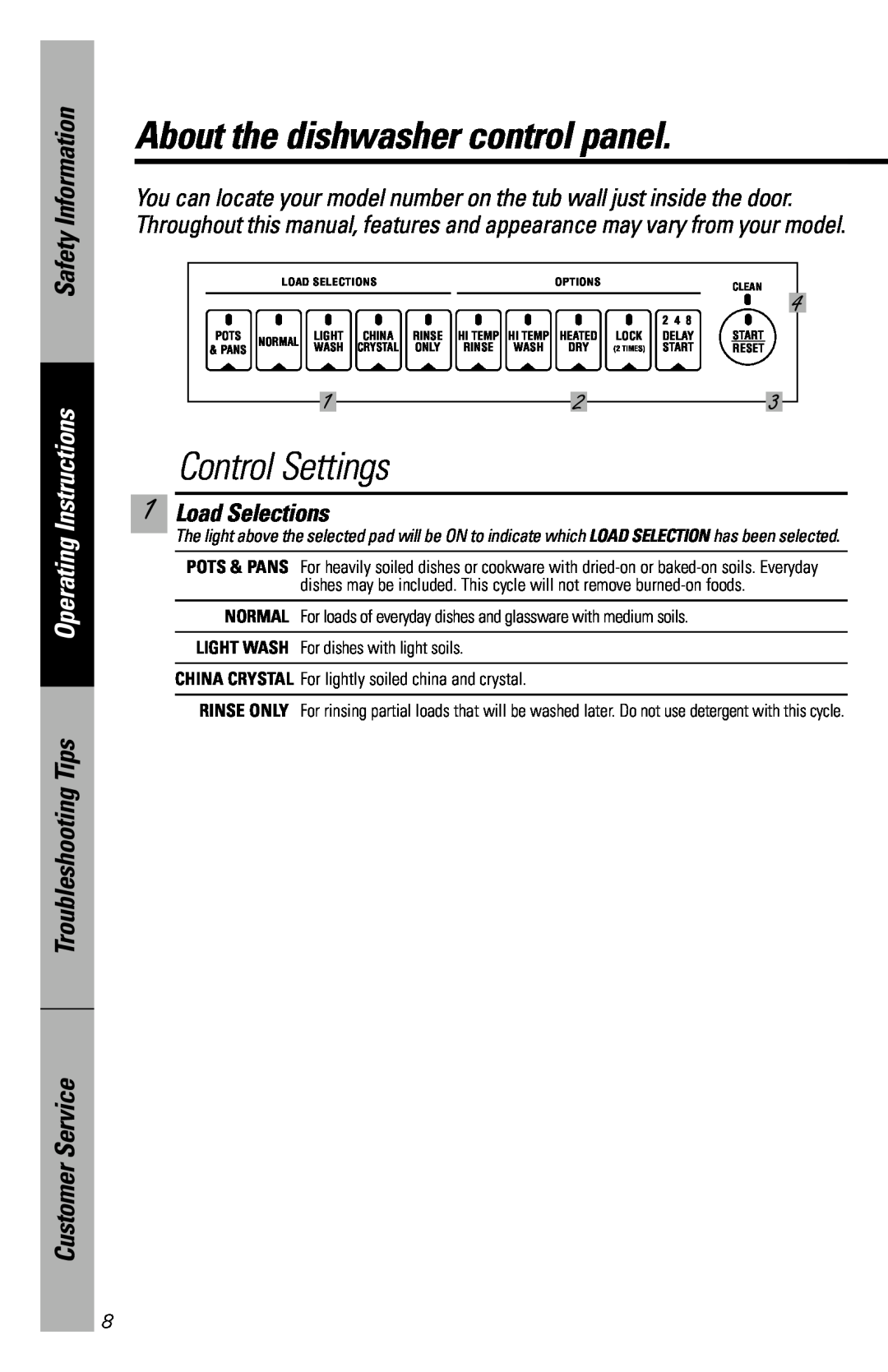 GE GSD5340, GSD5330 About the dishwasher control panel, Control Settings, Safety Information, Operating Instructions 