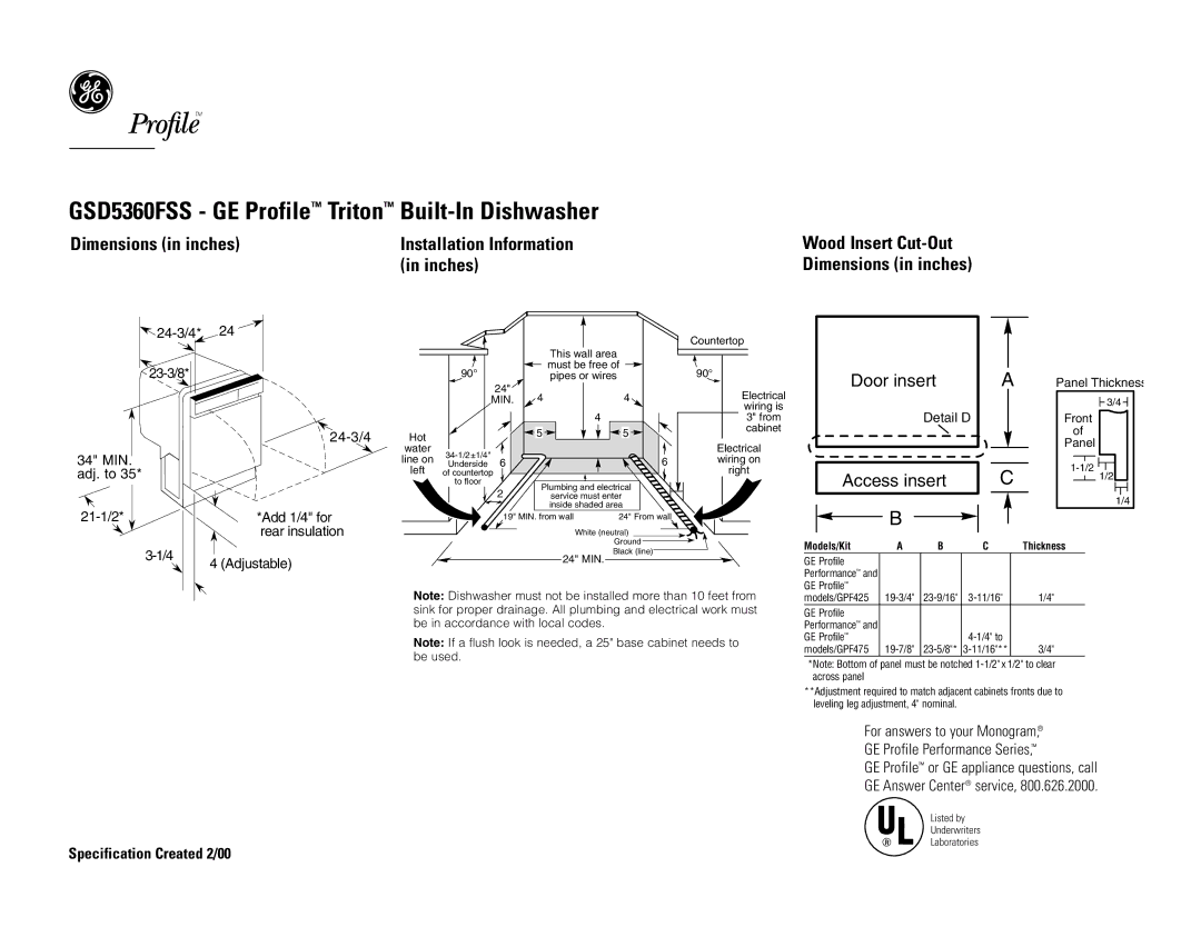 GE GSD5330DWW, GSD5360FSS, GSD5350DCC, GSD5320DBB, GPF475 dimensions 24-3/4 23-3/8, 34 MIN, Adj. to, Detail D, Add 1/4 for 